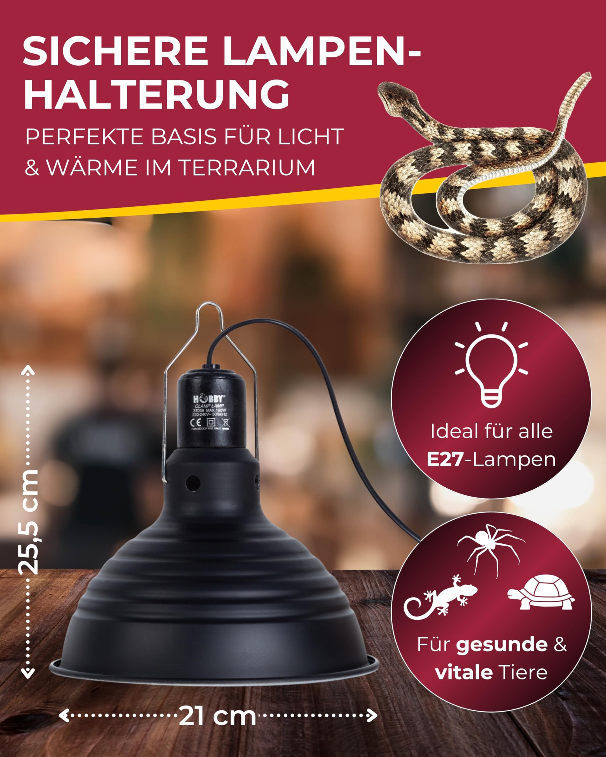 Hobby Clamp Lamp Terrarium Leuchte 21 cm I Hitzebeständige Keramikfassung E27 für Wärme-, Licht- & UV-Lampen I Mit Reflektorschirm, Klammer & Schalter I Sichere, Flexible Terrarium Beleuchtung