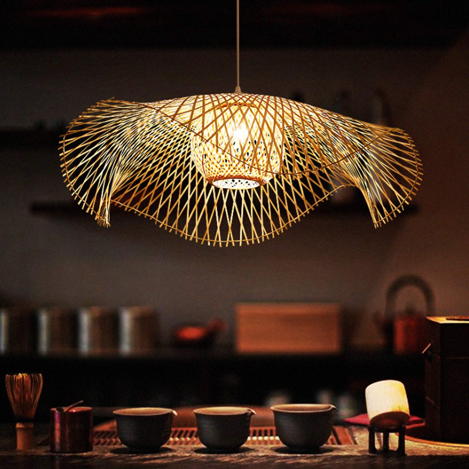 Lustre tissé à la main en rotin véritable suspension rétro de luxe diamètre 85cm douille E27