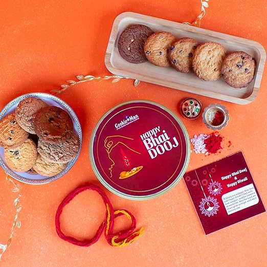 Cookieman Bhai Dooj Gift Set for Brother with Assorted Cookies 300g, Roli, Tika, Chawal, Moli Thread and Bhai Dooj Greeting Card for Brother