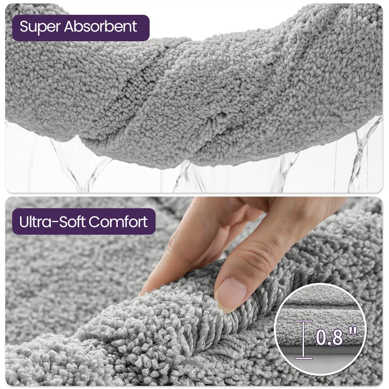 DEXI Tapis de salle de bain ultra absorbant, doux, lavable en machine, antidérapant, pour sol de salle de bain, baignoire, salle de douche, 91,4 x 61 cm, gris clair