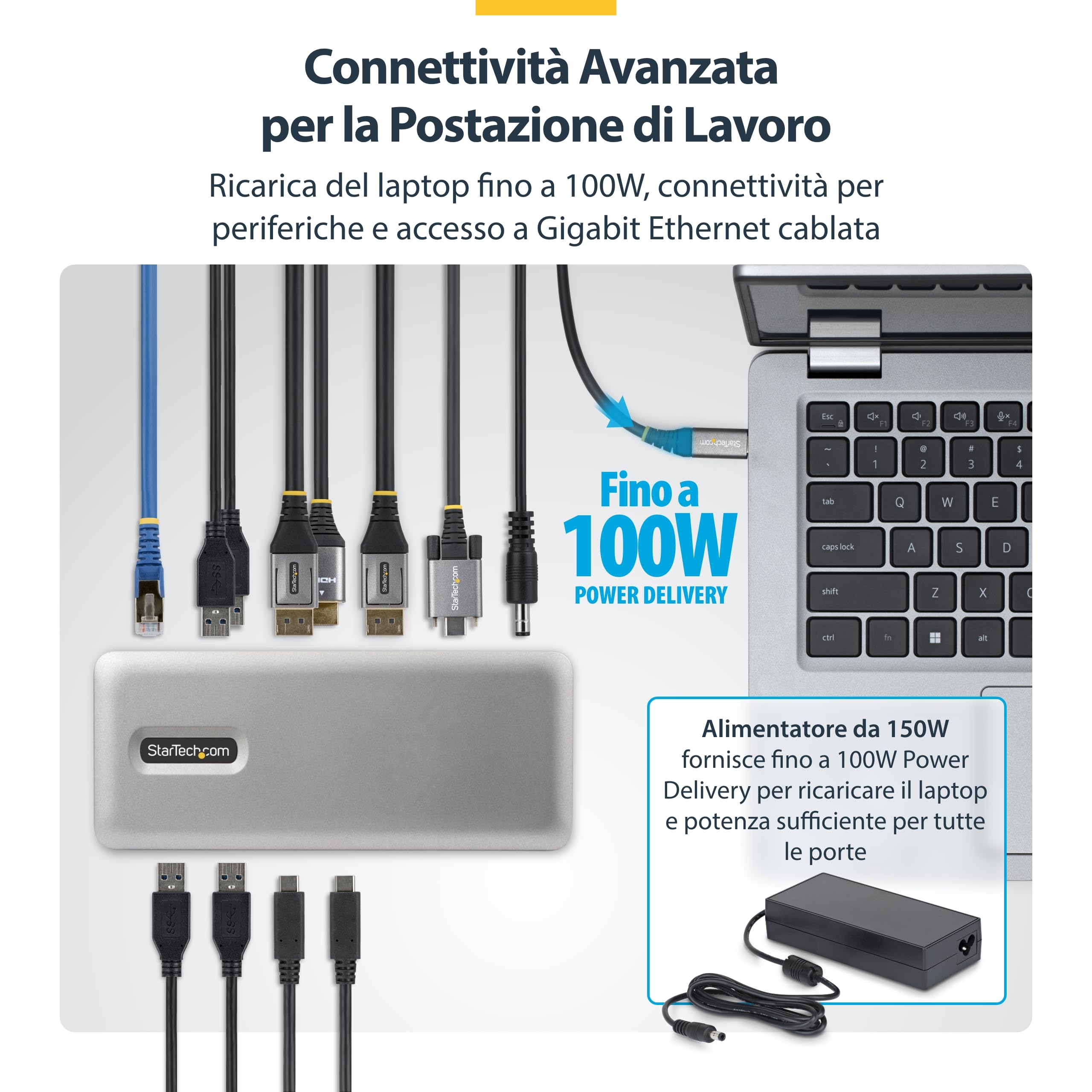 StarTech Dock USB-C Driverless Triplo 4K Windows, DP e HDMI, 100W, 1GbE | Ideale per laptop Windows, Triplo monitor, Power Delivery, Ricarica del notebook