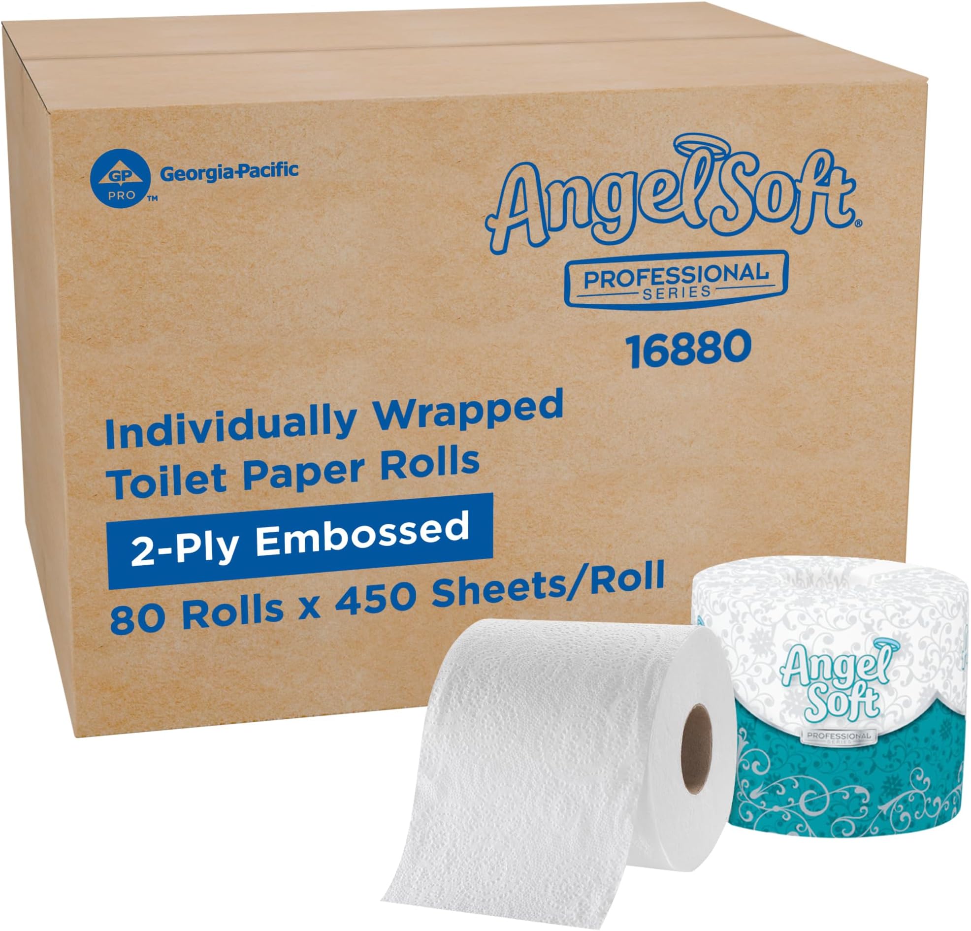 Angel Soft Professional Series by Georgia-Pacific PRO 2-Ply Embossed Toilet Paper, White, Individually Wrapped, 450 Sheets Per Roll, 80 Toilet Tissue Rolls Per Case, 16880
