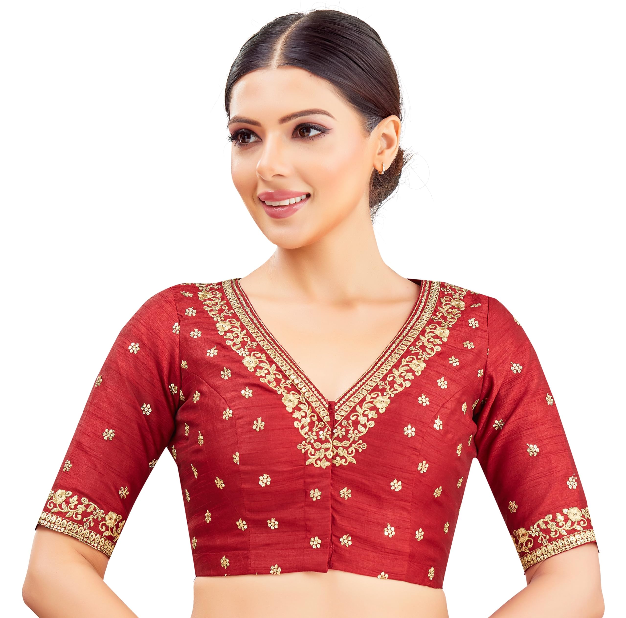 Studio Shringaar Women's Cotton Elbow Length Sleeves Embroidered Wedding Saree Blouse