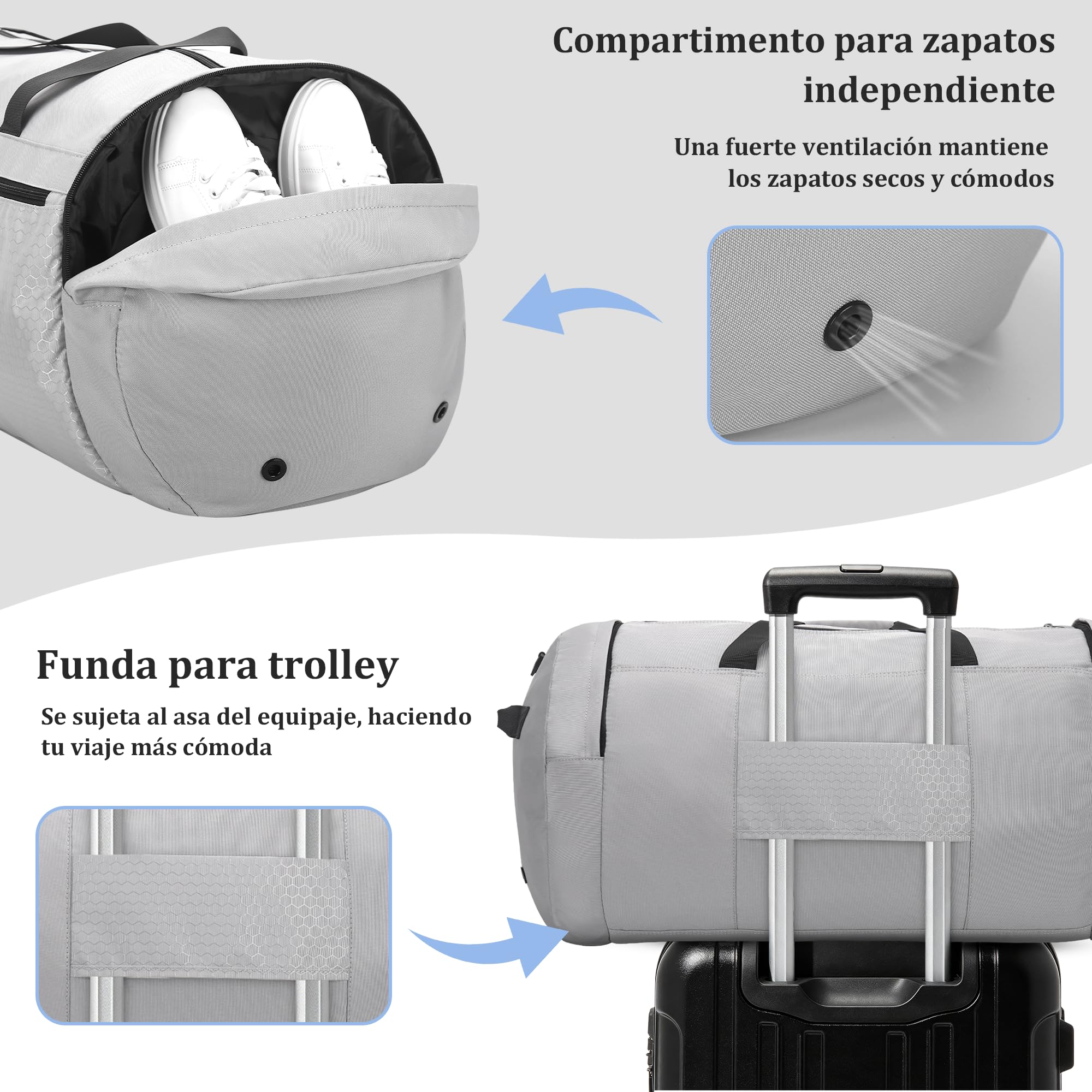 Bolsa de Viaje 120L Ligera y Plegable, Gran Capacidad, Gris Impermeable | Con Compartimento Zapatos Ventilado, Múltiples Bolsillos Portátil para Hombre y Mujer, Ideal para Gimnasio y Viaje