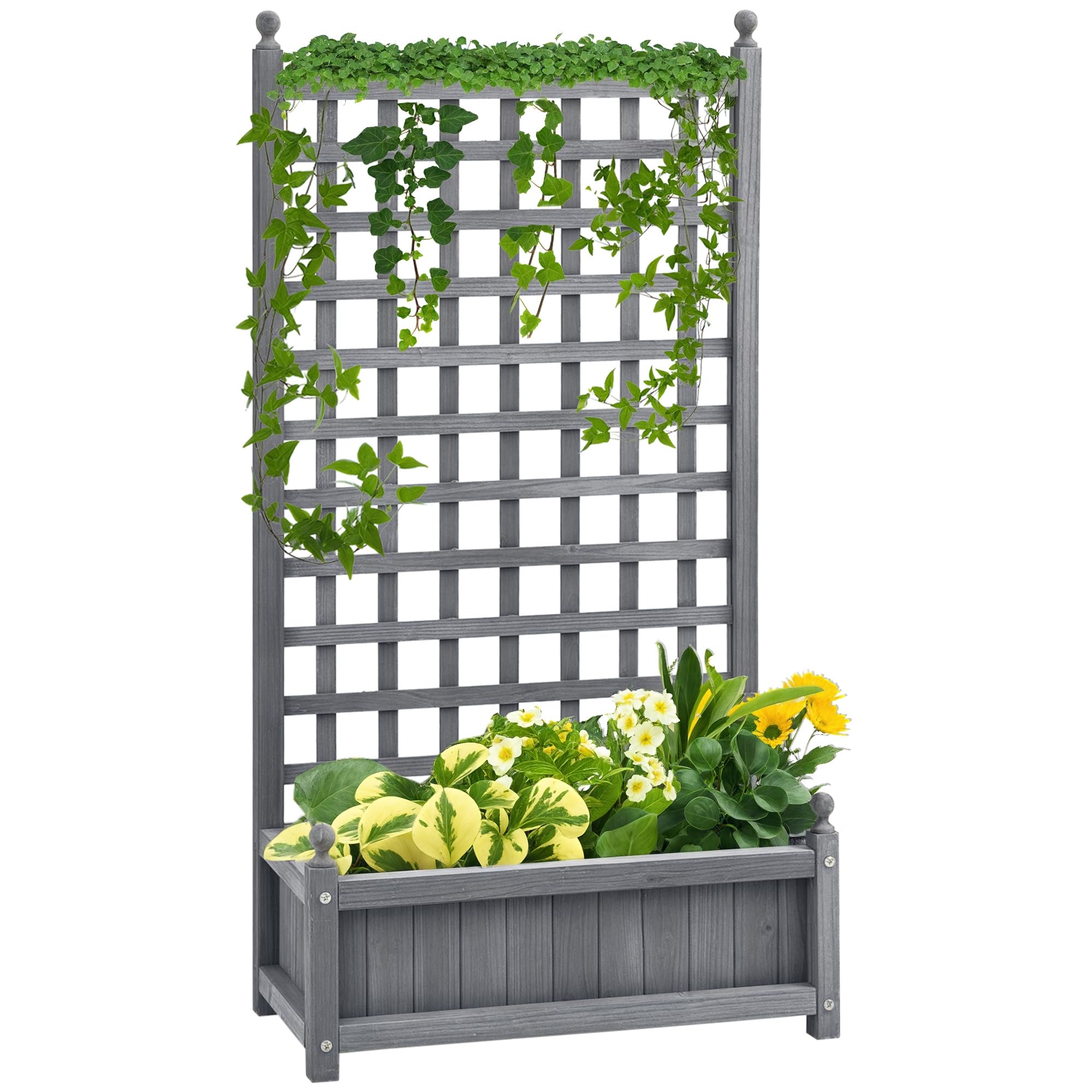 Outsunny Garden Planters with Trellis for Climbing Vines, Wooden Raised Beds for Garden, Free Standing Flower Pot, Indoor Outdoor Display Rack, 64 x 28 x 120 cm, Grey