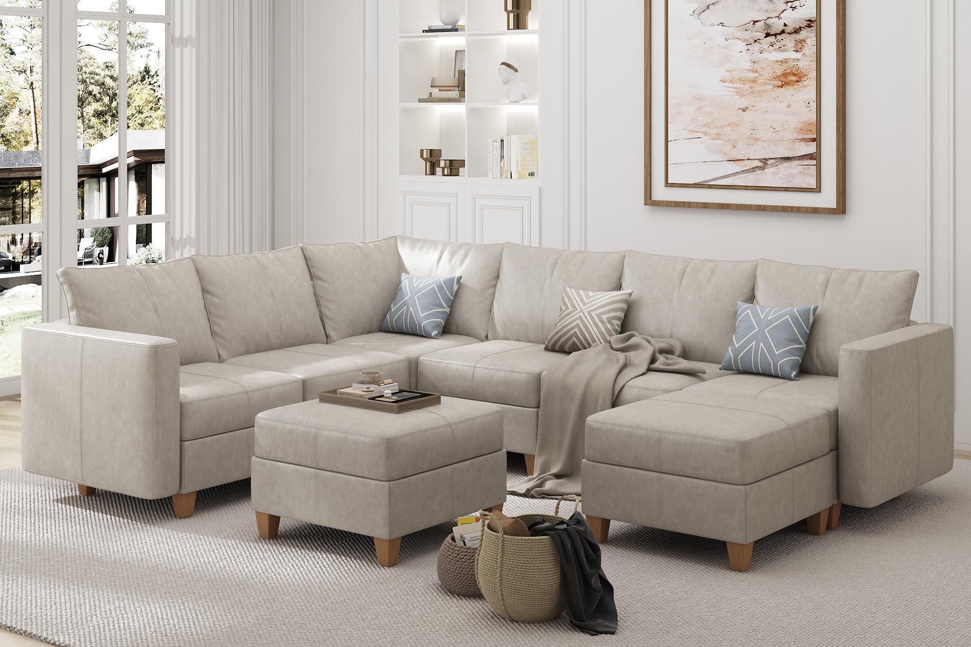 EASE MOOSE Leather Sectional Couch Sofa with Ottoman