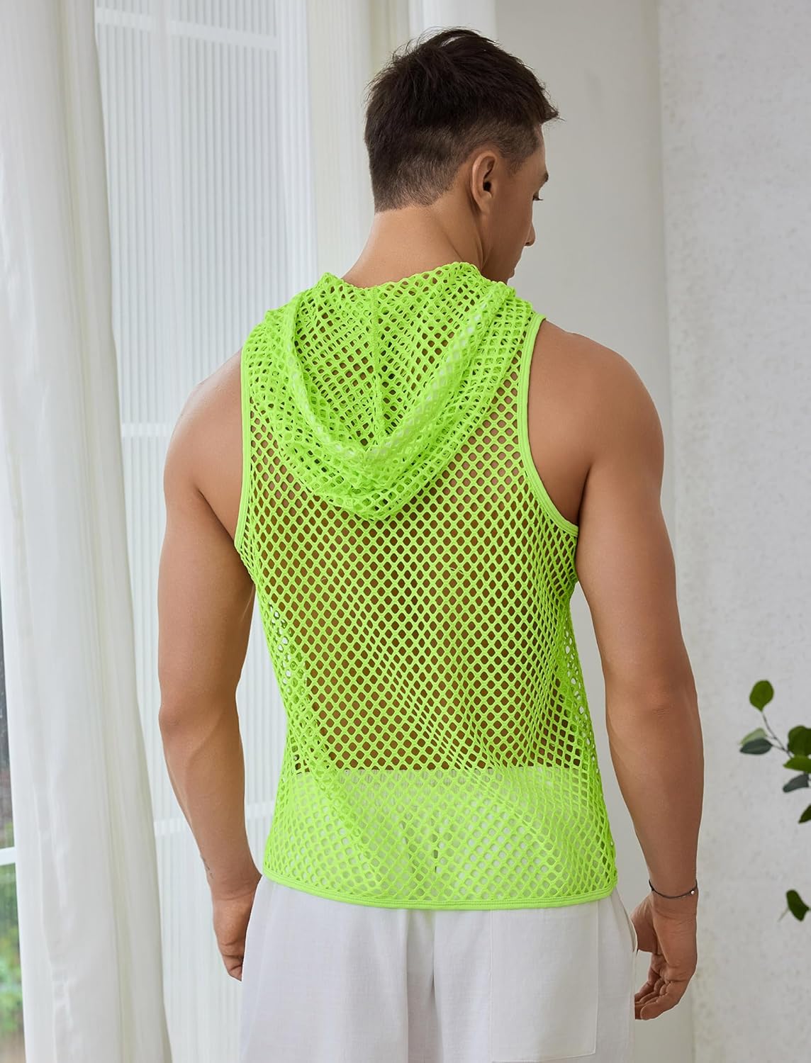 ABAFIP Men Mesh Fishnet Tank Top Sleeveless Drawstring Hoodie Shirt Sheer Muscle Top Rave Clubwear - Image 3