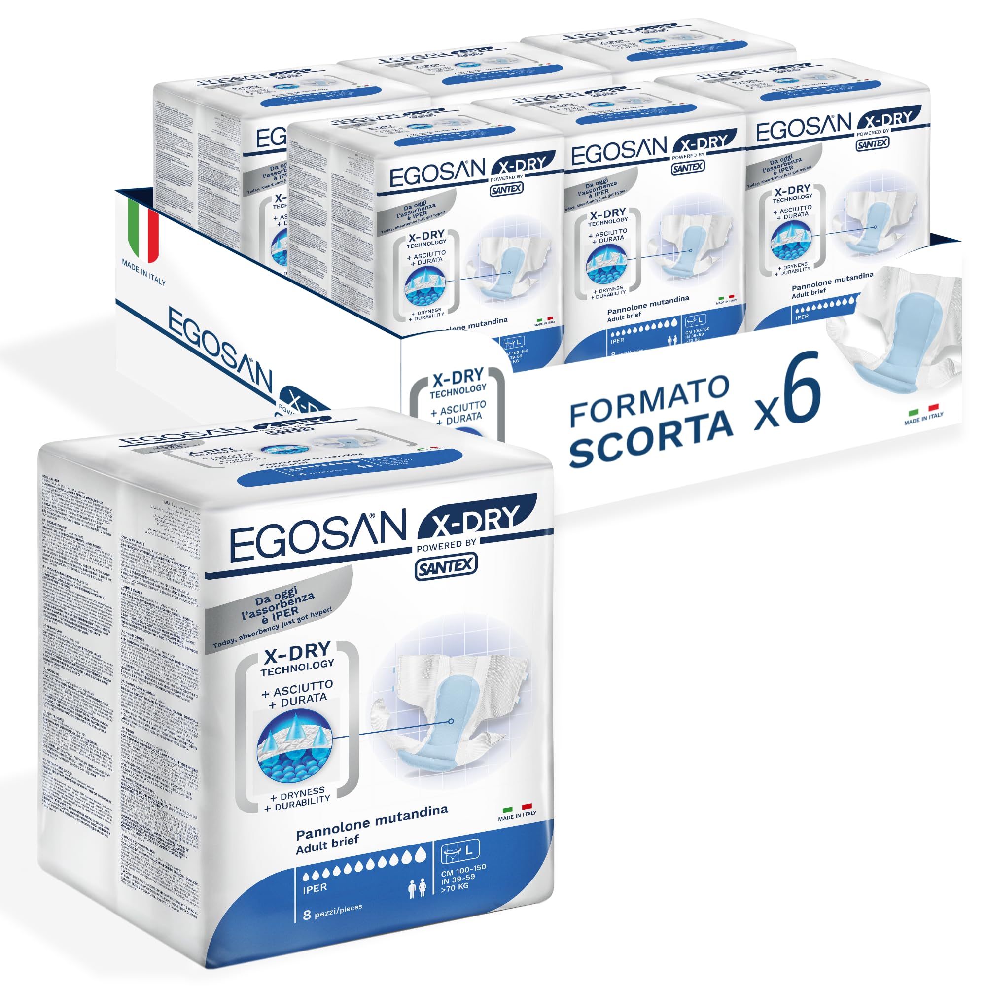 Egosan Pannolone Mutandina X-Dry Taglia L - Pacco con 6 confezioni da 8 pezzi - Dispositivi Assorbenti per Incontinenza Grave, Ultra Comfort, Protezione Totale, Sistema Antiodore, Traspiranti, Unisex