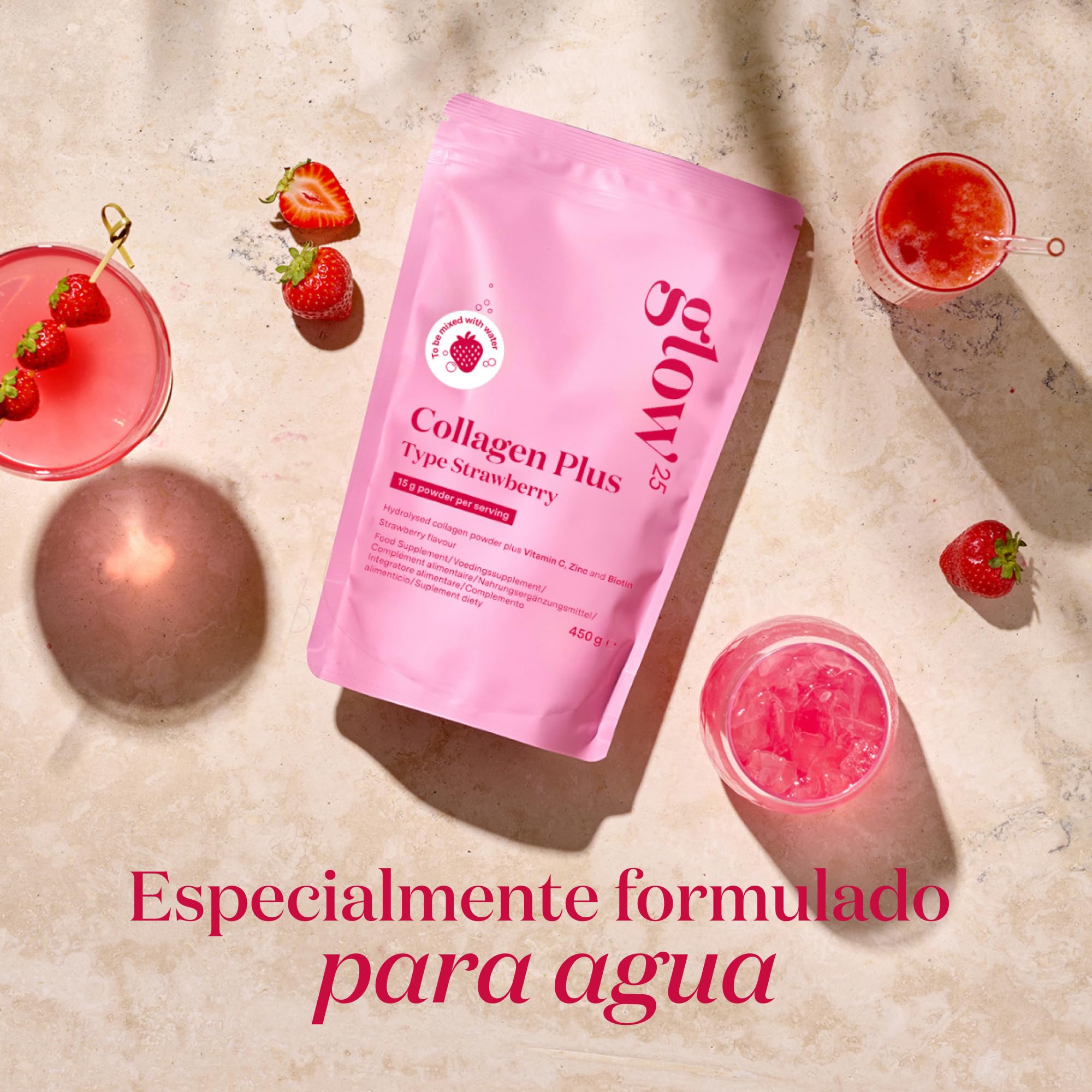 Glow25® Collagen Plus Type Strawberry 450 g – Vitamina C, zinc y biotina | Colágeno hidrolizado con vitamina C, zinc y biotina – Ideal para disolver en agua – Sabor fresa