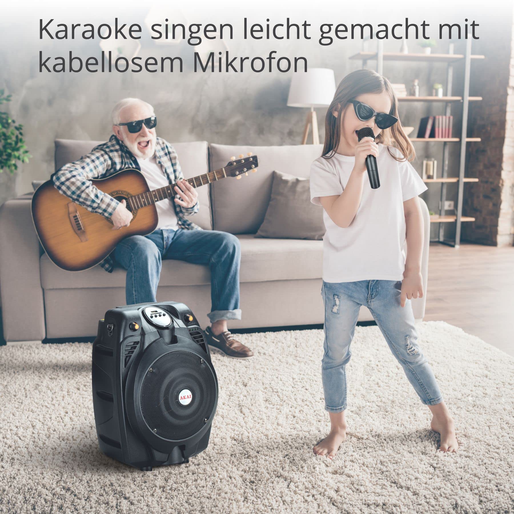 AKAI Party-Lautsprecher 2-Wege mit Karaoke-Mikrofon In/Outdoor Bluetooth AUX USB 2600mAh Mikrofon/Gitarren-Verstärker