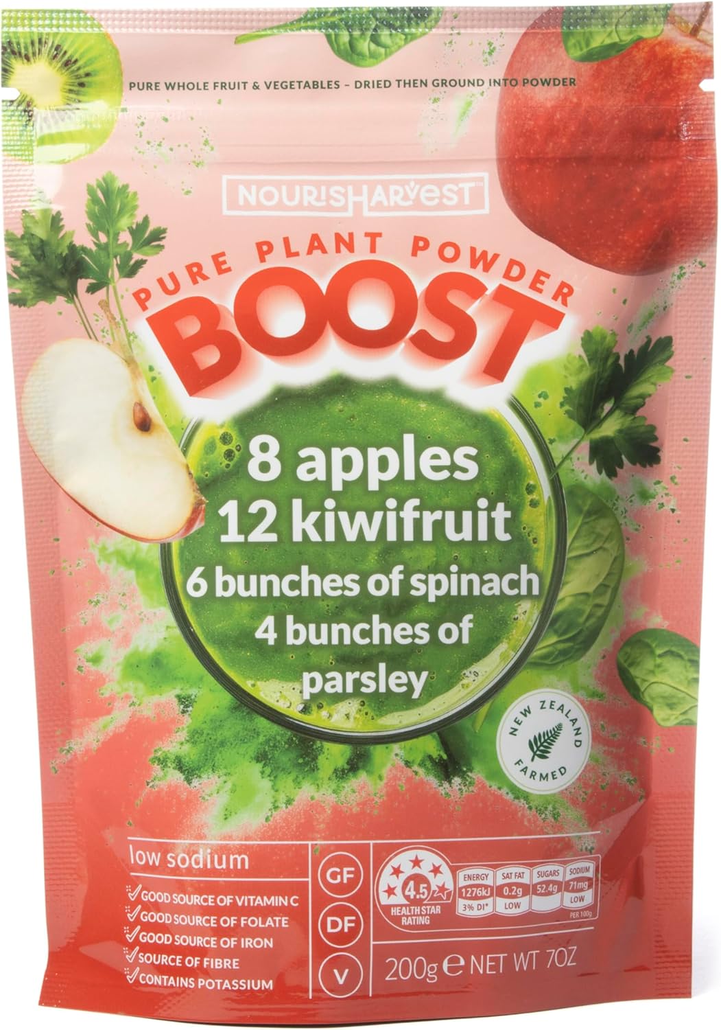 Nourisharvest Green Smoothie Powder – 100% Natural Wholefood Blend with Apples, Kiwifruit, Spinach & Parsley – Nutrient-Dense Superfood Mix – Vegan, Gluten-Free, Energy & Immune Boost – 200 grams