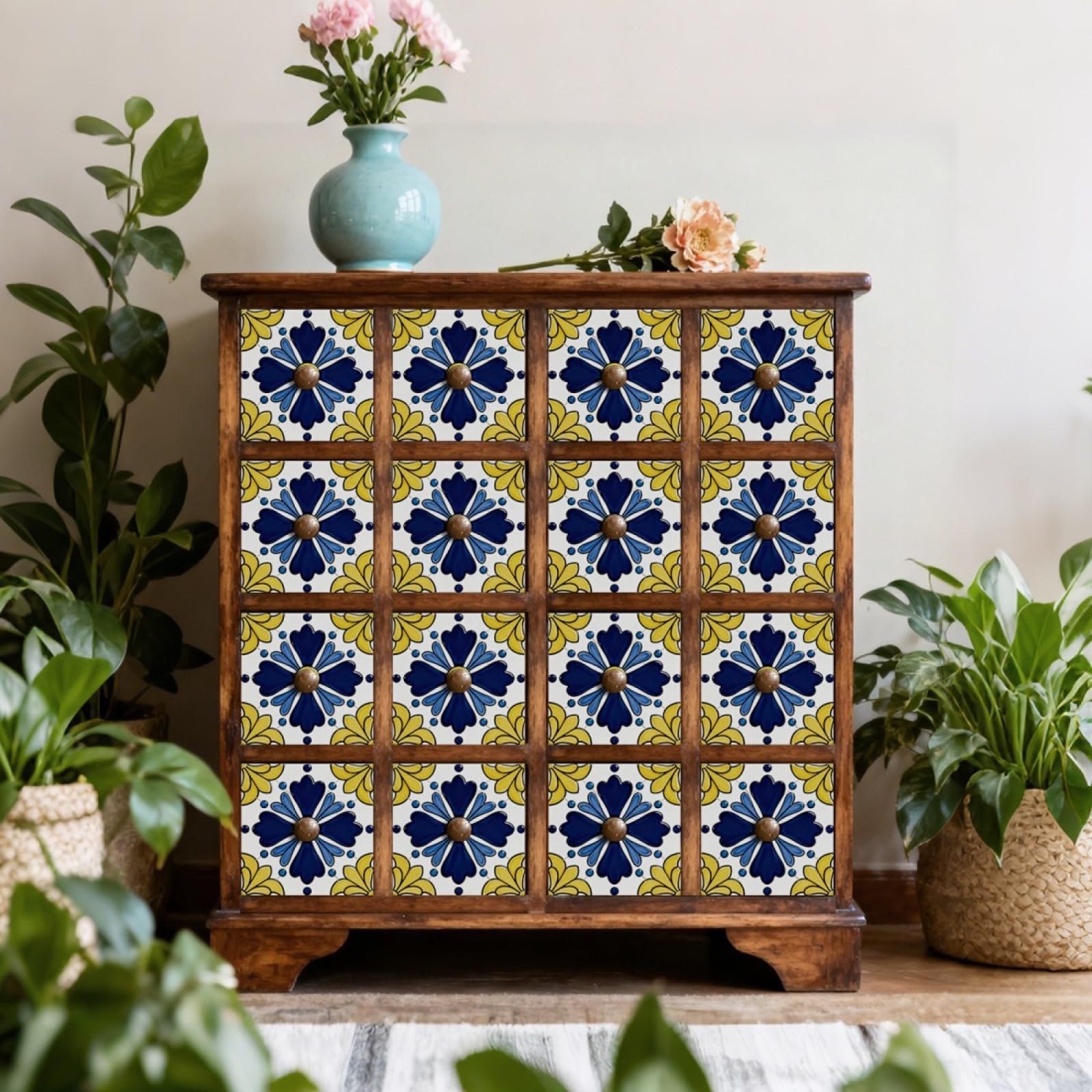 Tile Stickers Yellow Blue White Stick on Kitchen Tiles Self Adhesive Wall Tiles PVC Peel and Stick Tile Covers Transfers Oil-Proof Kitchen Splashbacks for Walls Removable 10x10cm/48 Pcs