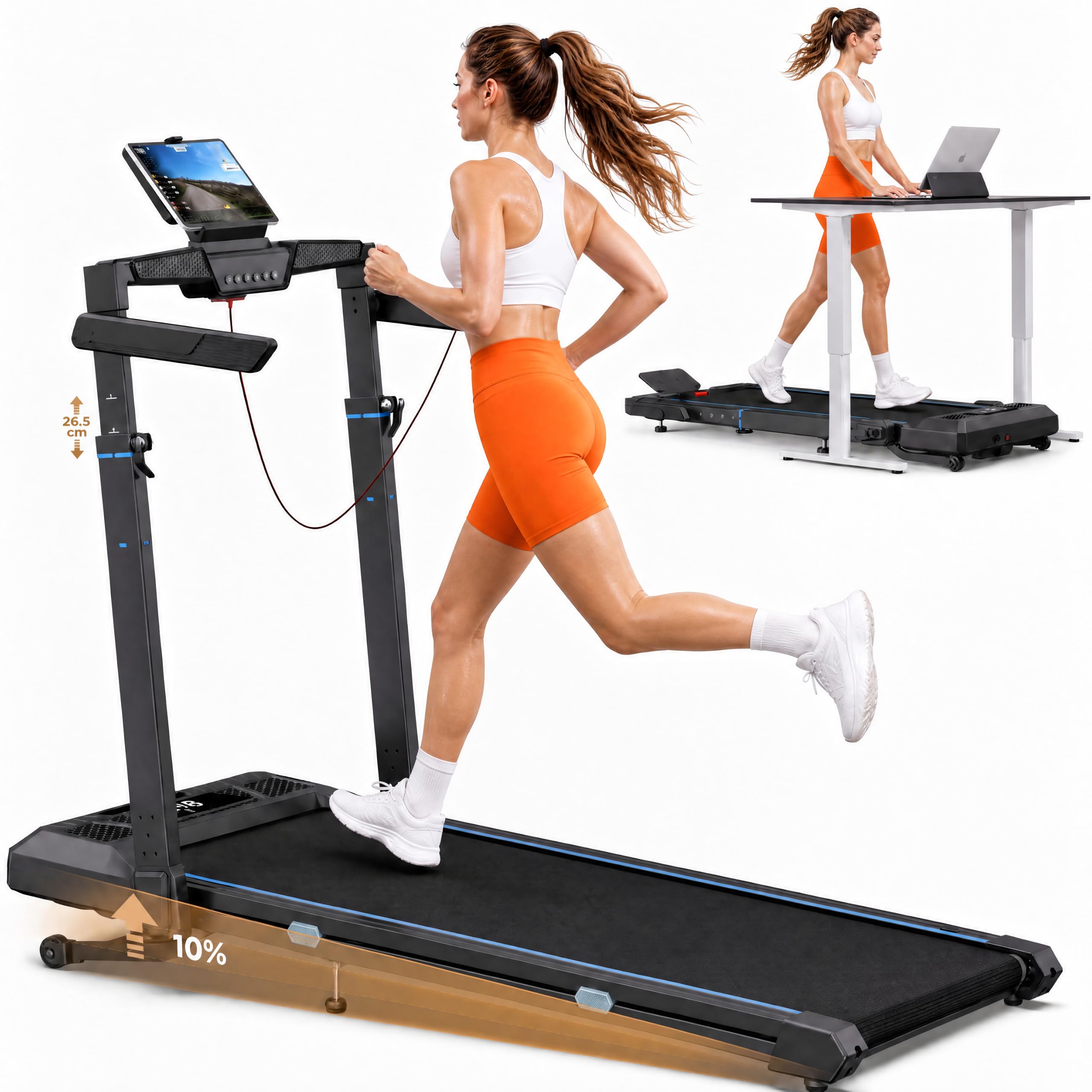 Cardirun Laufband für Zuhause mit 10% Auto Steigung, Klappbar Walking Pad | 6 in 1 laufbänder mit 104cm Höhenverstellbarer Griff, 14KM/H, 3.5HP Leiser Treadmill, 12 × 43 cm Große Lauffläche, 160KG