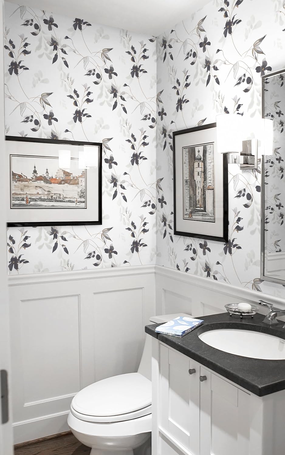 HeloHo Black and White Peel and Stick Wallpaper Modern Floral Wallpaper Leaf Self Adhesive Removable Wall Paper Boho Waterproof Contact Paper for Bathroom Living Room Bedroom Decor 15.35in x 787in
