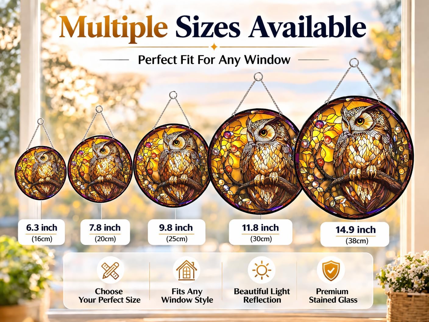 Owl Stained Glass Suncatcher Window Hanging – Vintage Style Owl Sun Catcher with Chain, Colorful Light Reflection Glass Decor for Window, Gift for Bird Lovers Home Decor (14.9x14.9 inch)