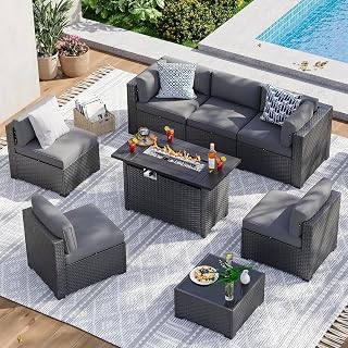 Aoxun 8-Piece Grey Wicker Rattan Patio Conversation Set with 44" Fire Pit Table & Thick Cushions