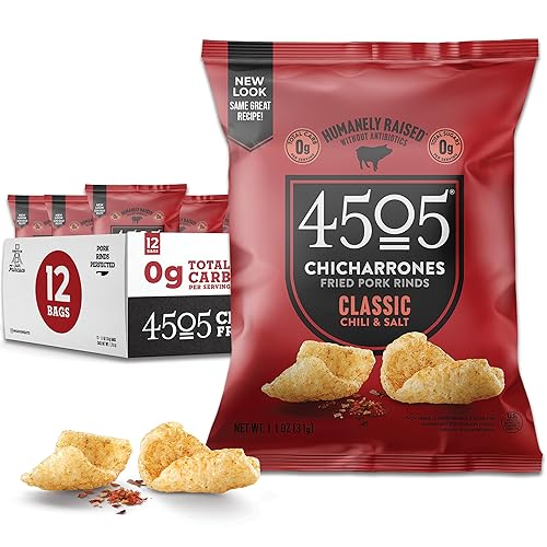 4505 Meats, Chile clásico y cortezas de cerdo con sal Chicharrones, cortezas de cerdo fritas, bolsas de 1.1 onzas (paquete de 12) tamaño de porción