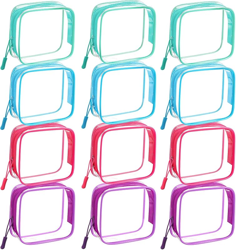 12 Pcs Vivid Color Clear Cosmetic Makeup Bags with Zipper Tsa Approved Pouches Bulk for Travel Transparent PVC Waterproof Carry Pouches Organizer Case for Men Women