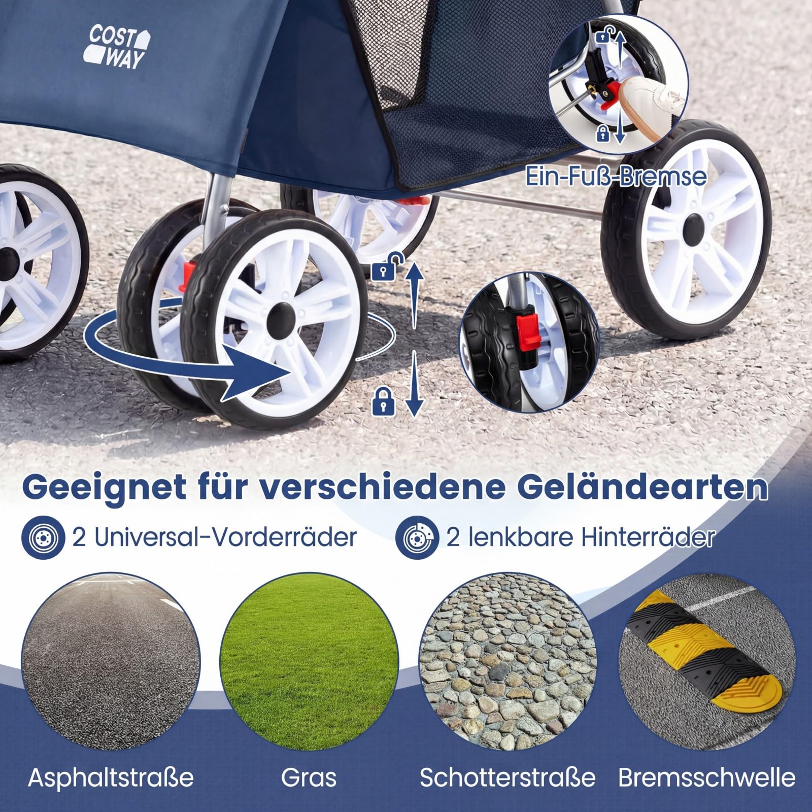 COSTWAY Hundewagen klappbar, Hundebuggy mit verstellbarem Vordach, Netzfenstern, Korb & Getränkehalter, Katzenwagen Haustierwagen, Haustierbuggy für Katzen Hunde bis 15 kg (Blau)