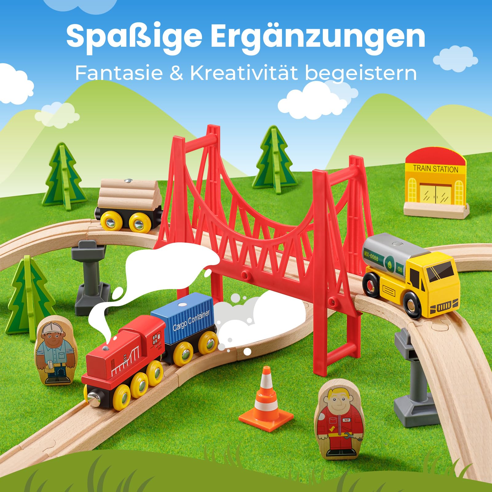 Tiny Land 55Pcs Holzeisenbahn Set - Holz Eisenbahn für Kinder mit Kran | Kombinierbar Zug Spielzeug, Holzeisenbahn Zubehör Passend für Alle Großen Marken, Holzzug Spielzeug für Kinder ab 3~5
