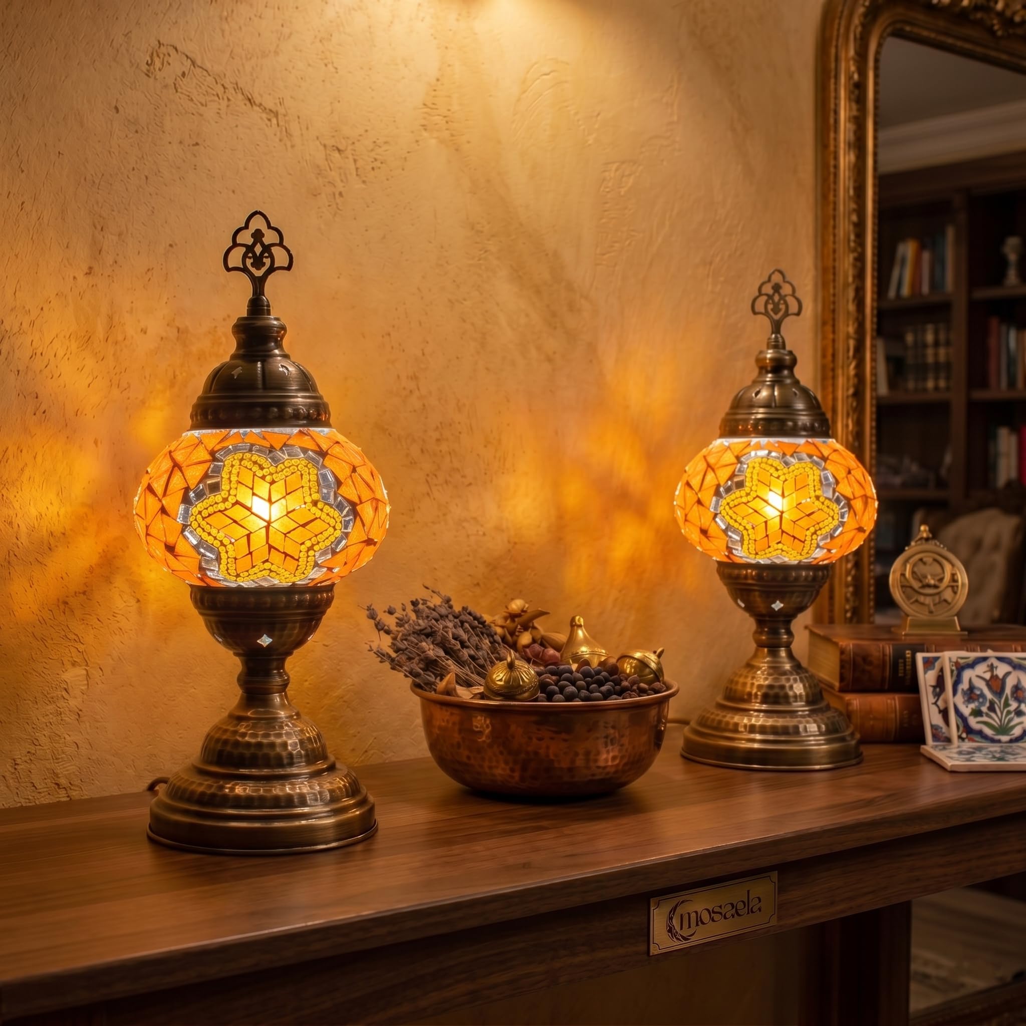 2X Turkish Moroccan Mosaic Table Lamp Stained Glass Bedside Light with 3 Color Options LED Bulb (Orange)