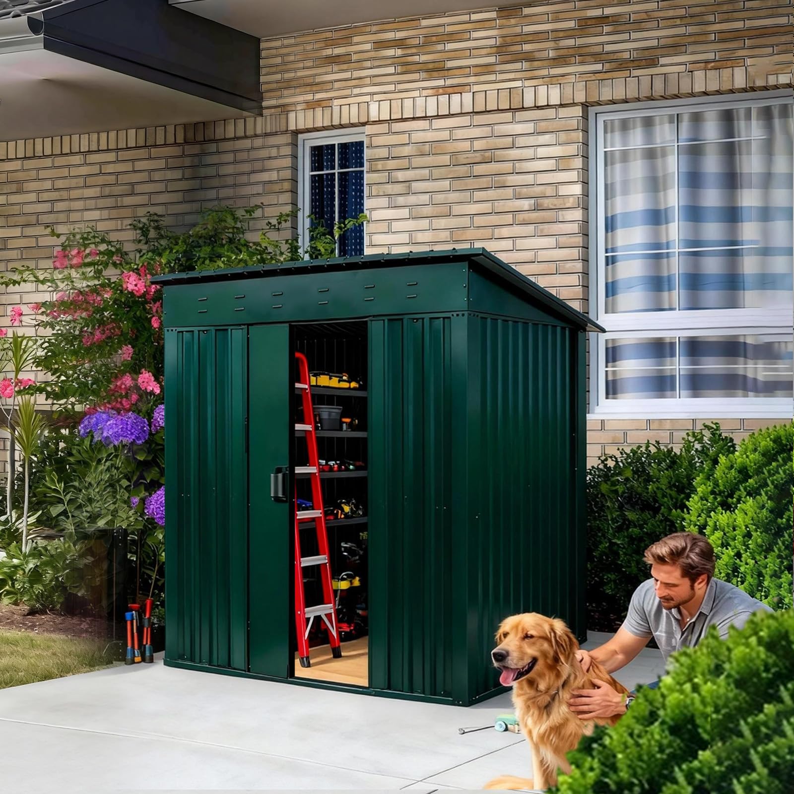 All-Weather Outdoor Storage Shed with Sliding Door & Pent Roof – Durable Steel Garden Utility Tool House for Backyard, Patio, Lawn, Bike, and Equipment Storage (Green, 6x4 FT)