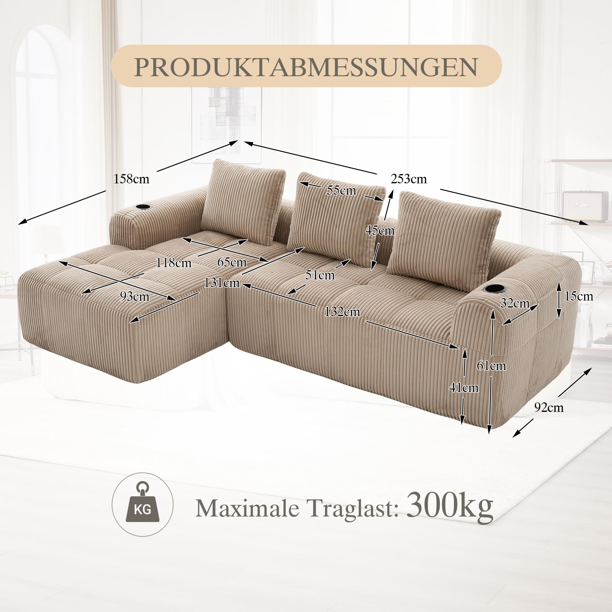 Soweiz Sofá compacto de pana – Sofá modular suave con bolsillo lateral y soporte para bebidas, comodidad para sentarse durante mucho tiempo, incluye 3 almohadas. Para salón, estudio y más (caqui)