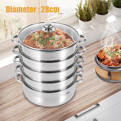 Miniatura 5 de Cocina de vapor de acero inoxidable de 5 capas, vaporizador de 11 pulgadas para cocinar alimentos, tapa de vidrio, adecuada para tamales, verduras,
