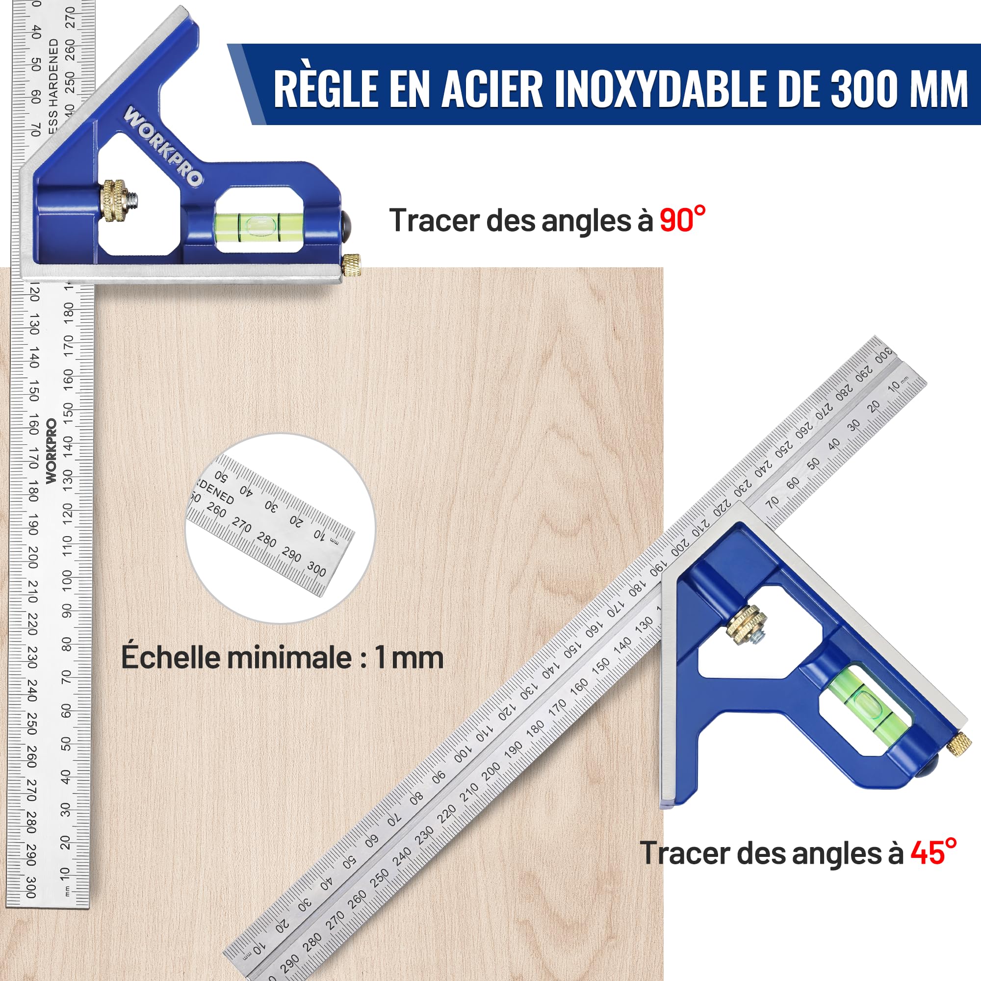 WORKPRO Equerre Menuisier 300 mm et Equerre Charpentier Triangulaire 180mm, Equerre Combinée avec Niveau à Bulle en Acier Inoxydable, Ensemble d'Outils d'Equerre pour Bricolage, Outillage, Menuiserie