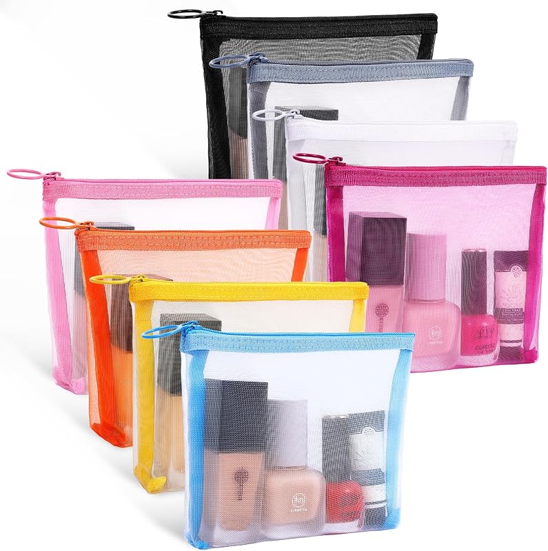 Fassave Pacote com 8 necessaires de malha de nylon com zíper, multicoloridas, tamanho S