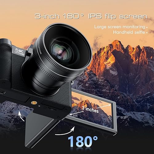 Miniatura 7 de Cámaras digitales de 5K y 64MP para fotografía y video, cámara de vlogging para YouTube, cámara compacta con tarjeta TF de 64 GB, WiFi y lente gran
