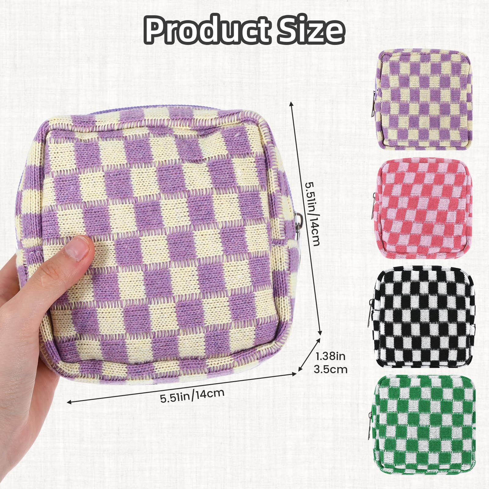 4 PCS Sanitary Napkin Storage Bag, Menstrual Pad Zipper Period Pouch Portable Period Bag Panty Liners, Pad Pouch with Zipper for Women Ladies Daily Use Purse Travel(Checkered,4 Colors)
