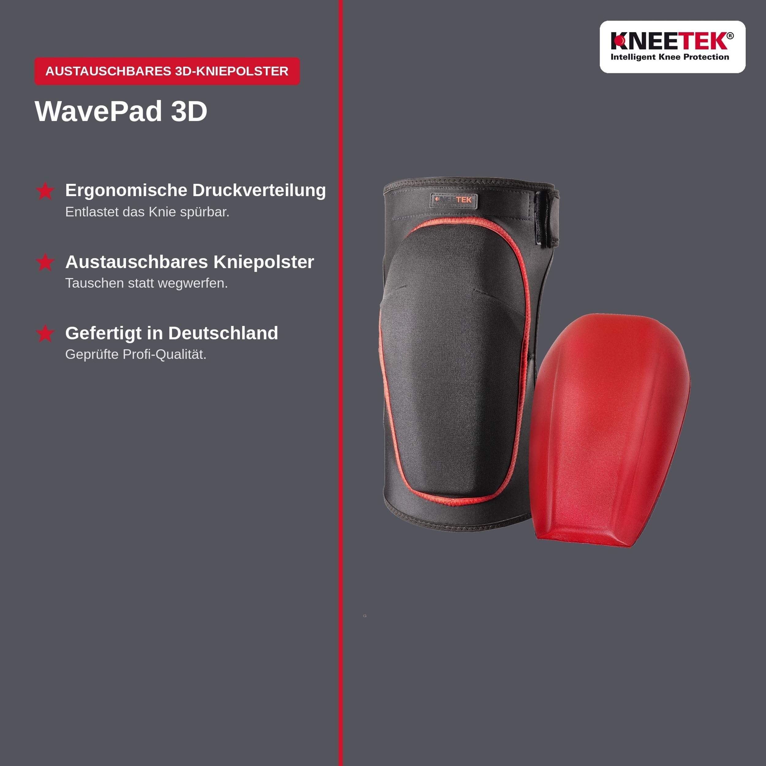 Kneetek WaveTek - Knieschoner für Parkett-, Fliesen- und Teppichleger | Mit ergonomisch vorgeformtem 3-D WavePad, abriebfest, rutschsicher, geprüft nach EN 14404, 1 Paar