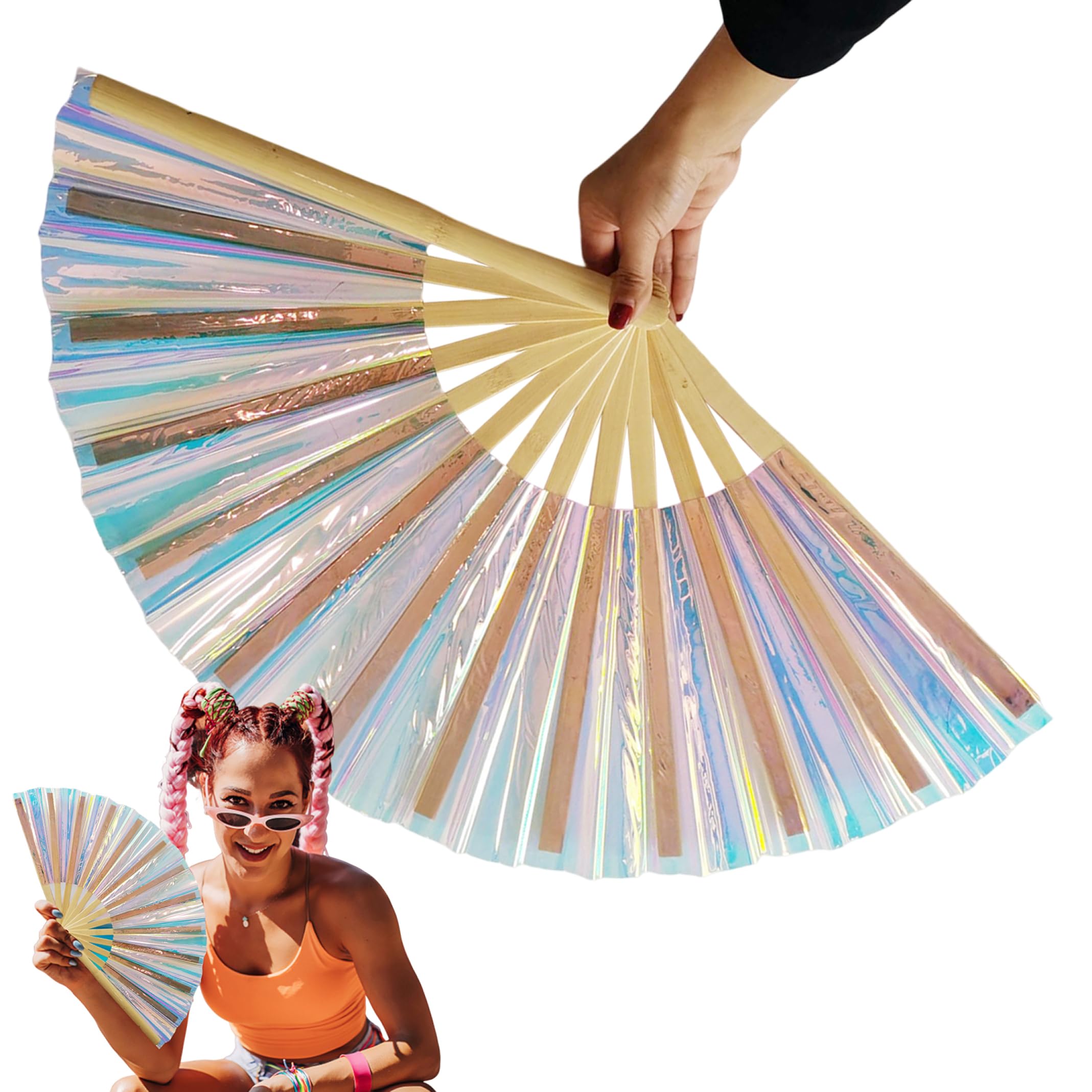 Holografisch schillernder faltbarer Handfächer, glänzender Effekt, Rave-Handfächer-Zubehör für Männer und Frauen, Festival-Party-Outfits
