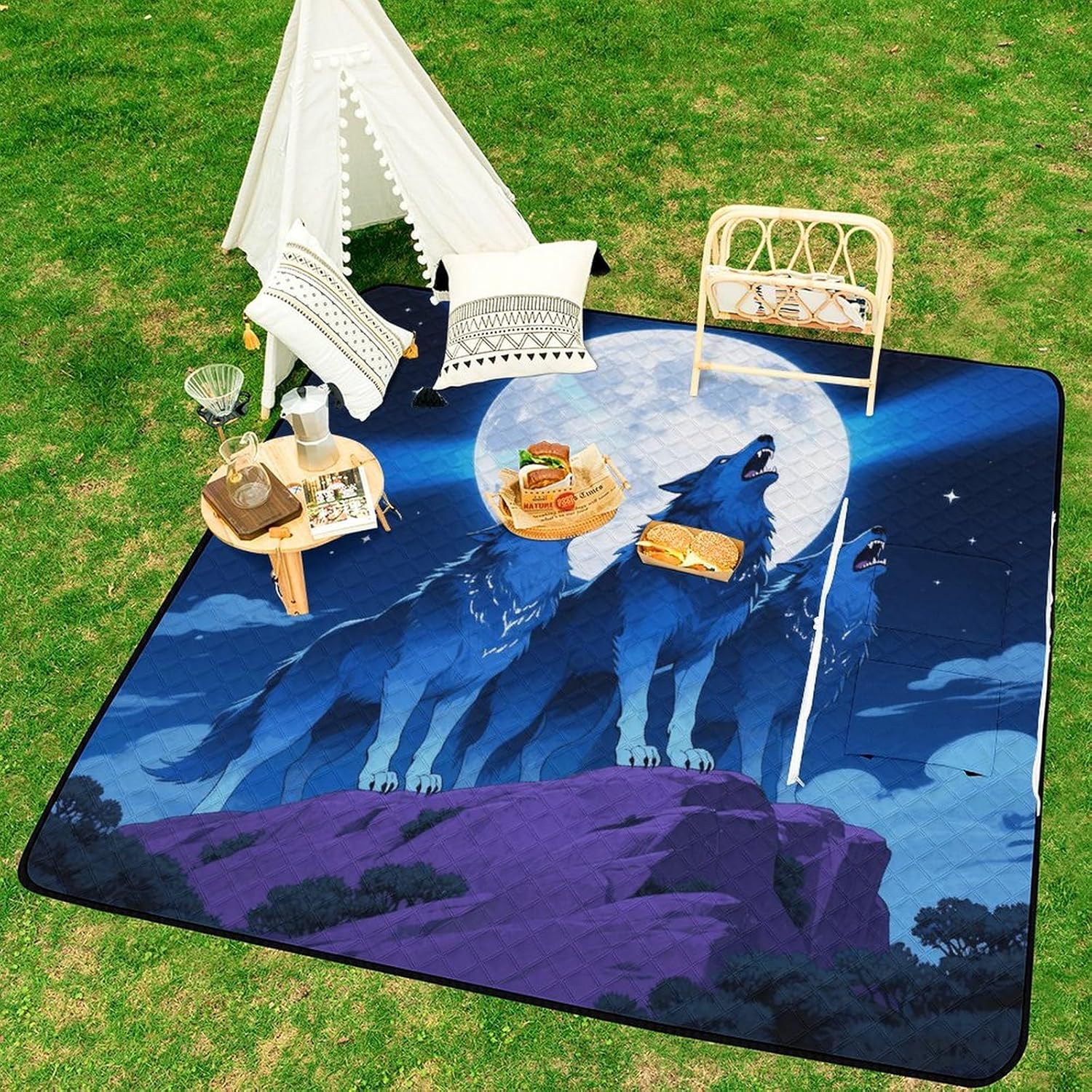 Blue Wolf Moon Picnic Blanket 200x200cm, Foldable 2-in-1 Picnic Mat and Tote Bag Portable Waterproof Beach Mat Sandproof Outdoor Blanket for Park, Hiking, Beach, Camping, Travel