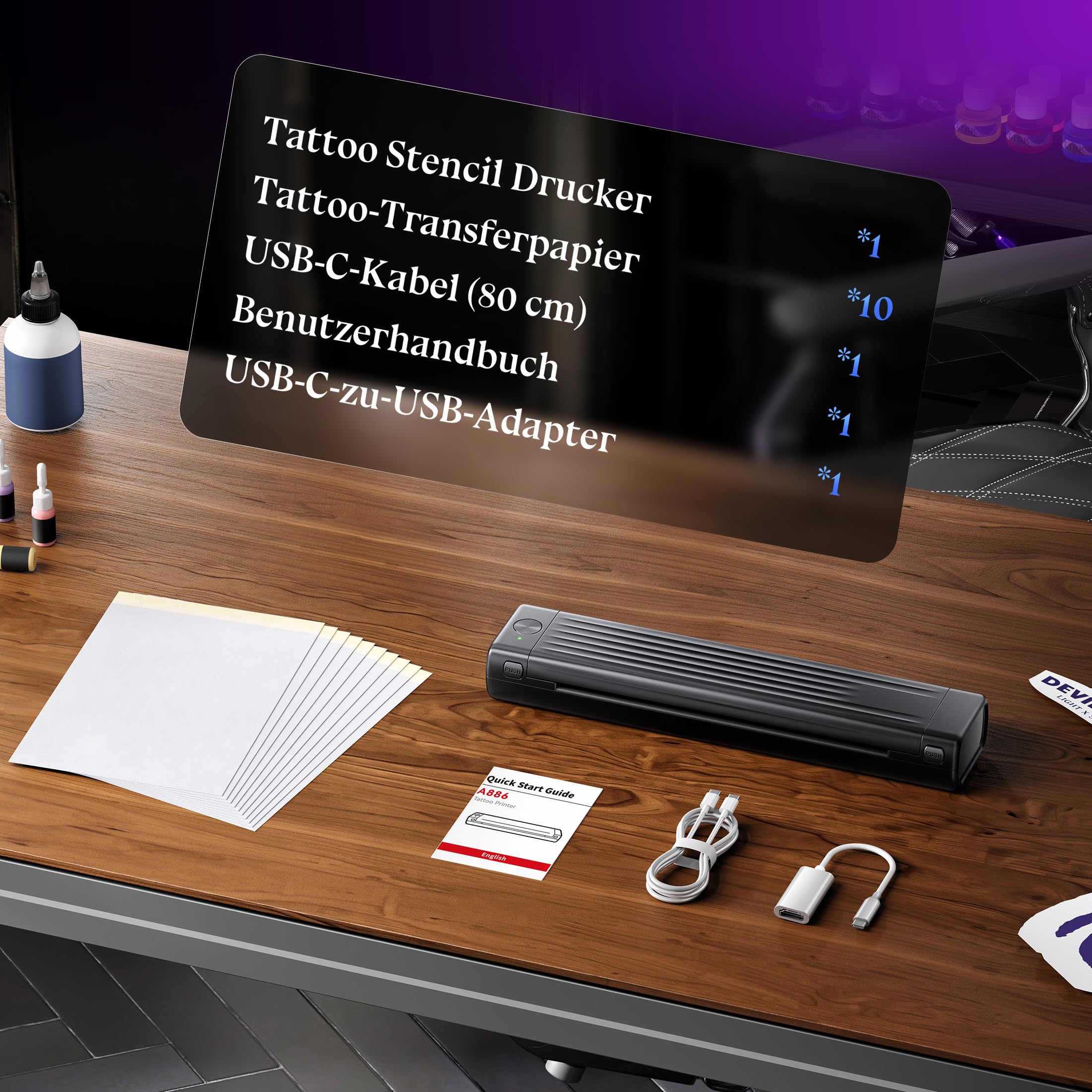 Itari A886 Tattoo Stencil Drucker Bluetooth, Schablone Drucker Übertragungskits Kompatibel mit Smartphone & PC, Thermodrucker Tattoo Maschine mit 10 Blätter Papier für Anfänger und Künstler, Schwarz