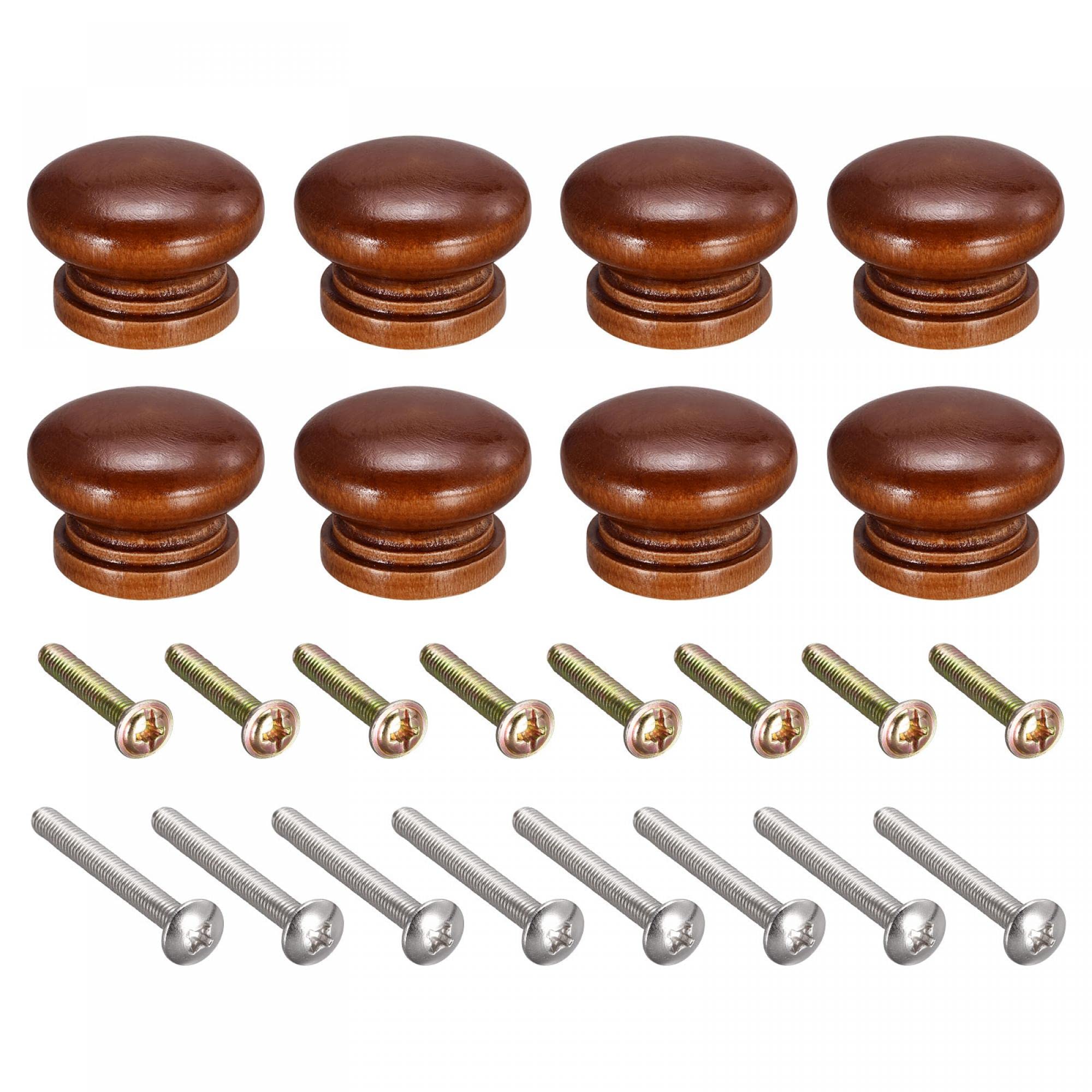 uxcell Round Wood Knobs, 8pcs 33x23mm Pull Handles for Drawer with Screws Red Brown