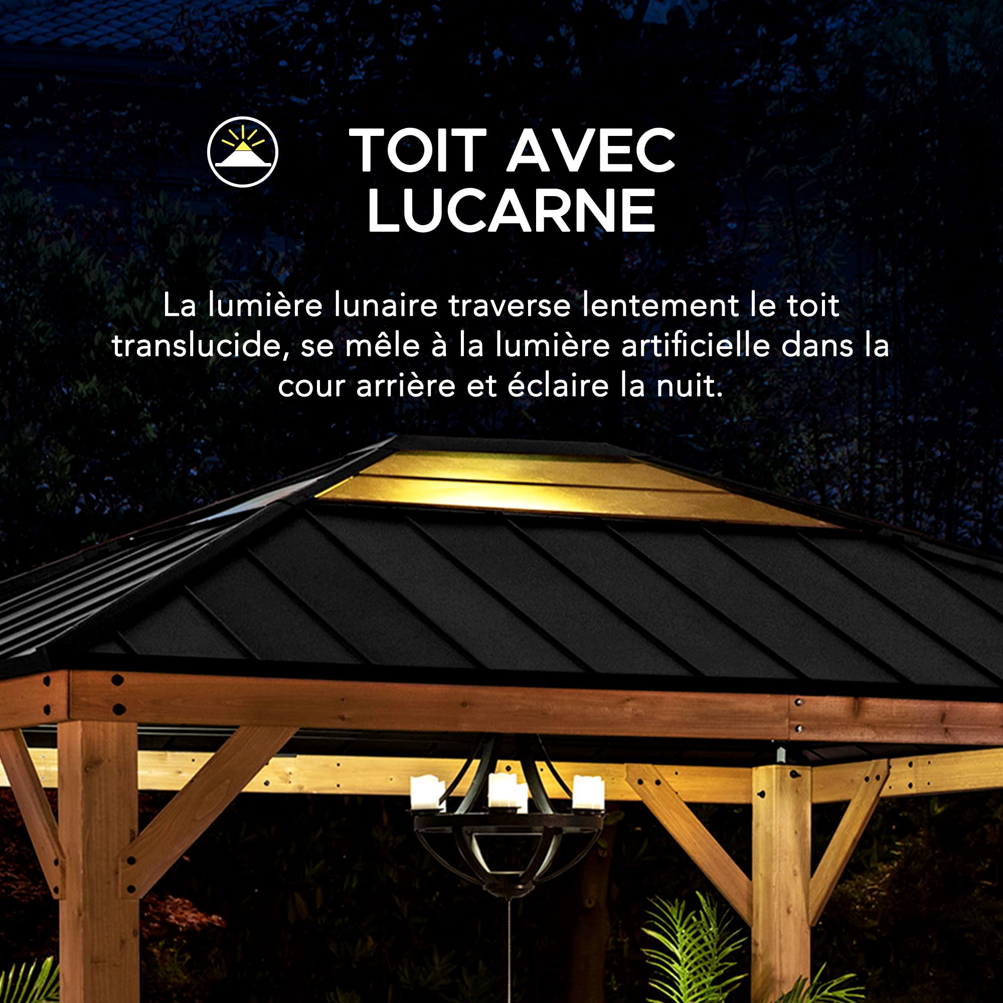 SUNJOY Tonnelle Hardtop Bois 3,3×3,9 m, Cadre en Cèdre Naturel, Toit en Acier avec Puits de Lumière en Polycarbonate, Pavillon Extérieur Résistant au Vent et à la Neige pour Jardin, Patio et Terrasse
