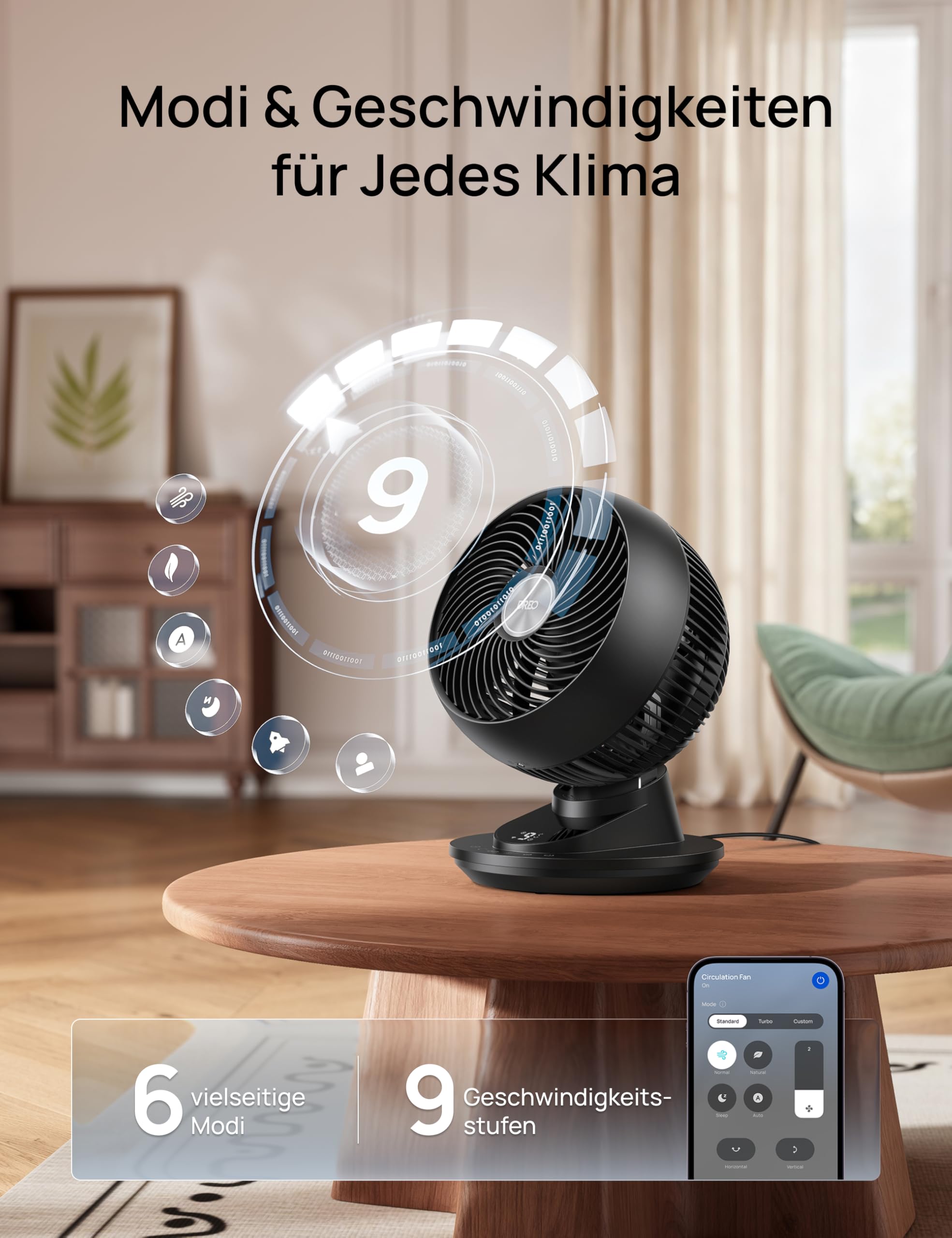 DREO 3D Tischventilator, leise 22 dB, 8,8 m/s starker Luftstrom, 90° Oszillation, App & Sprachsteuerung, 9 Stufen, 8/12h Timer