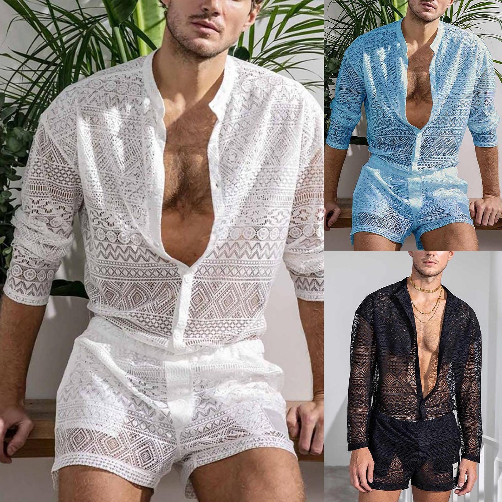 Ensemble pyjama pour homme - Ensemble chemise - Short creux - Couleur unie - Haut - Short en dentelle - Tenue pour mariage, nuit, lune de miel, plage sexy - Vacances - T-shirt tendance - Cadeau de