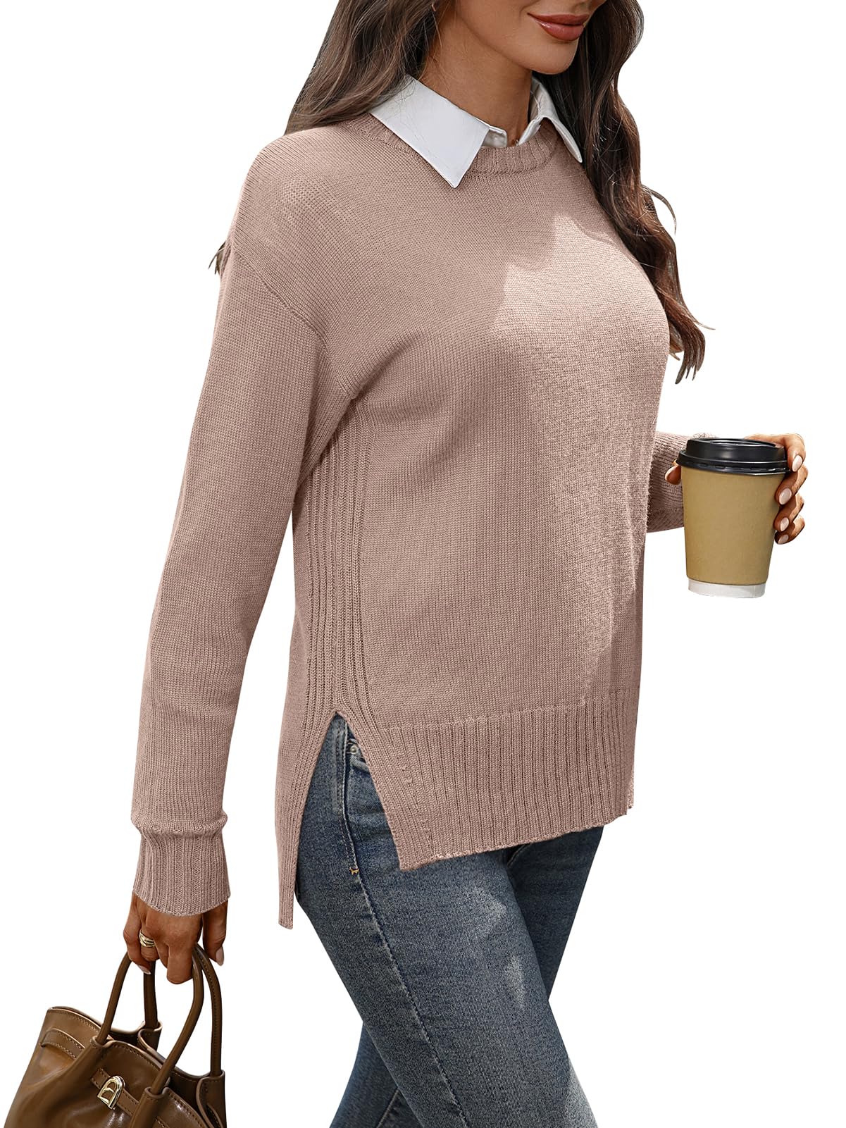 Womens Merino Wool Blend Sweater Crew Neck Side Slit Pullover