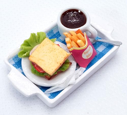 Juego de comida en miniatura para casa de muñecas, sándwich, papas fritas y café, pequeños coleccionables de alimentos