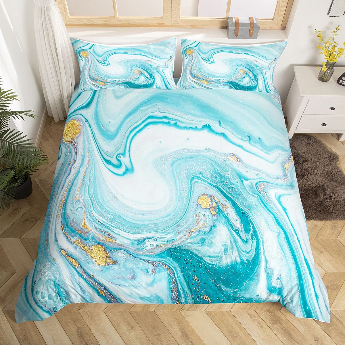 Teal Marble Duvet Cover Aqua Marble Bedding Set Turquoise Crystal Mineral Marble Comforter Cover for Boys Girls Kids Colorful Abstract Art Painting Bedding & Linen King Size