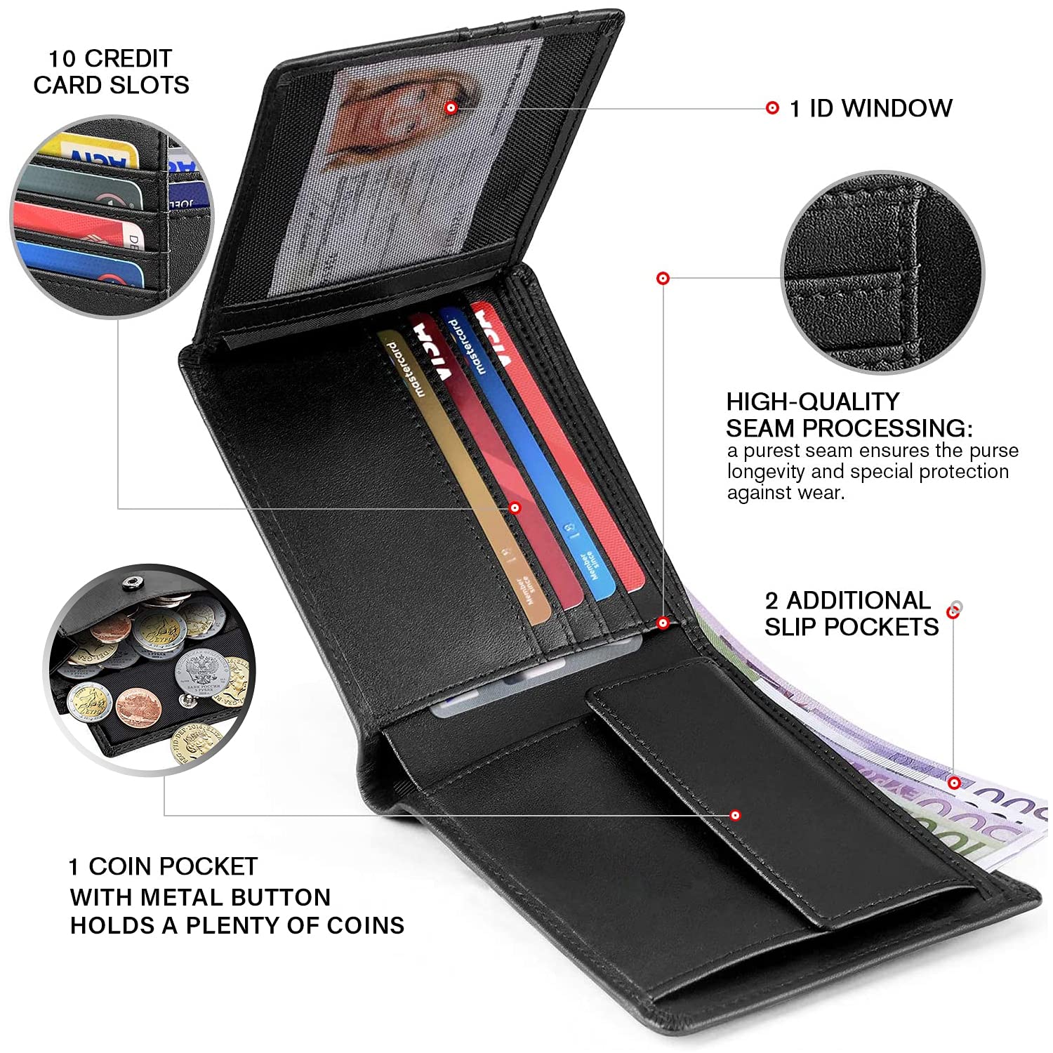 HOCRES® Wallets Men Genuine Leather RFID Blocking Slim Trifold Wallets with Coin Pocket, 10