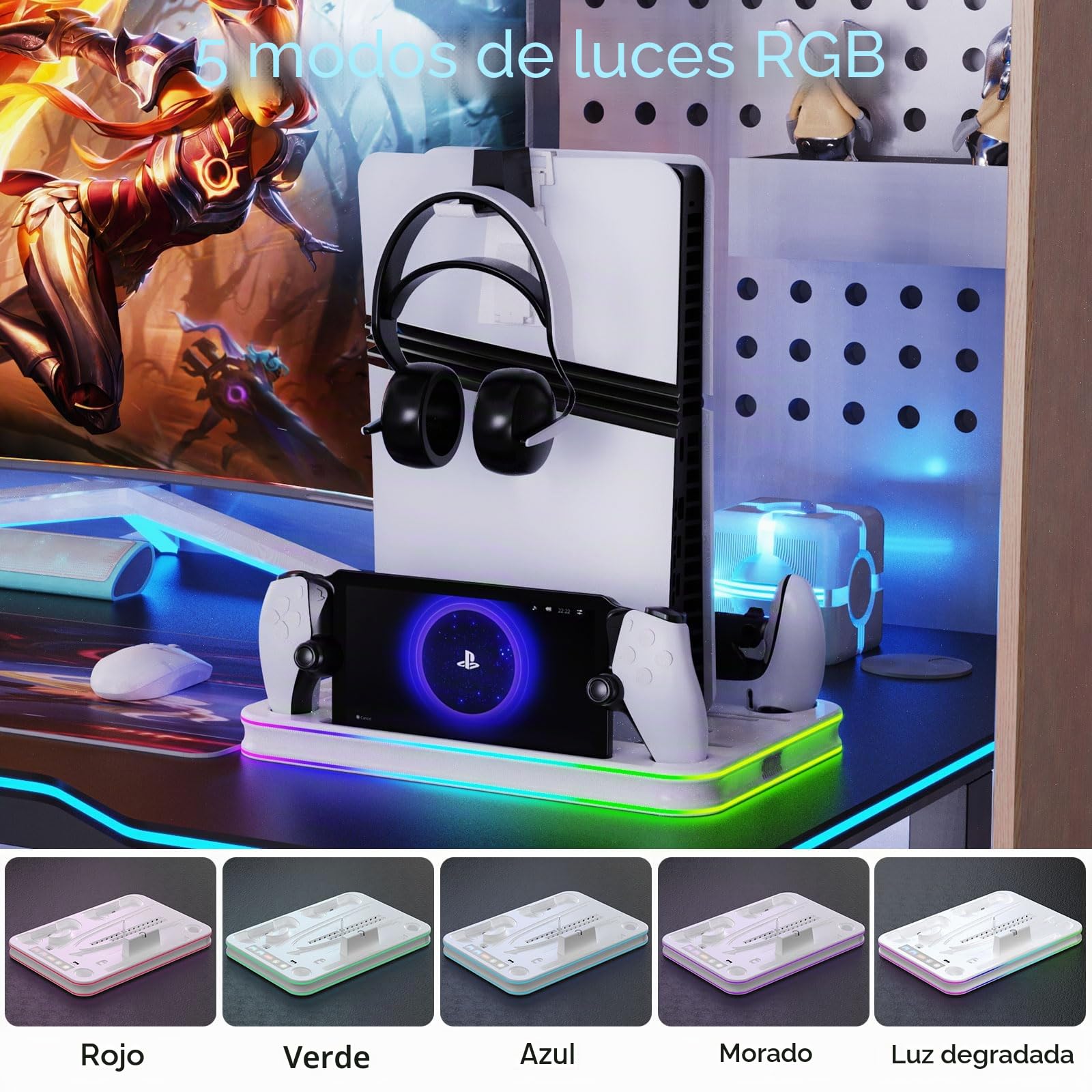 PS5/PS5 Slim/PS5 Pro Stand con Ventilador de Enfriamiento, Soporte PS5 Vertical con Luz RGB Base de Carga PS Portal y Controlador de Doble Sentido/Borde Sccesorios Delgados P5/P5 Slim/P5 Pro