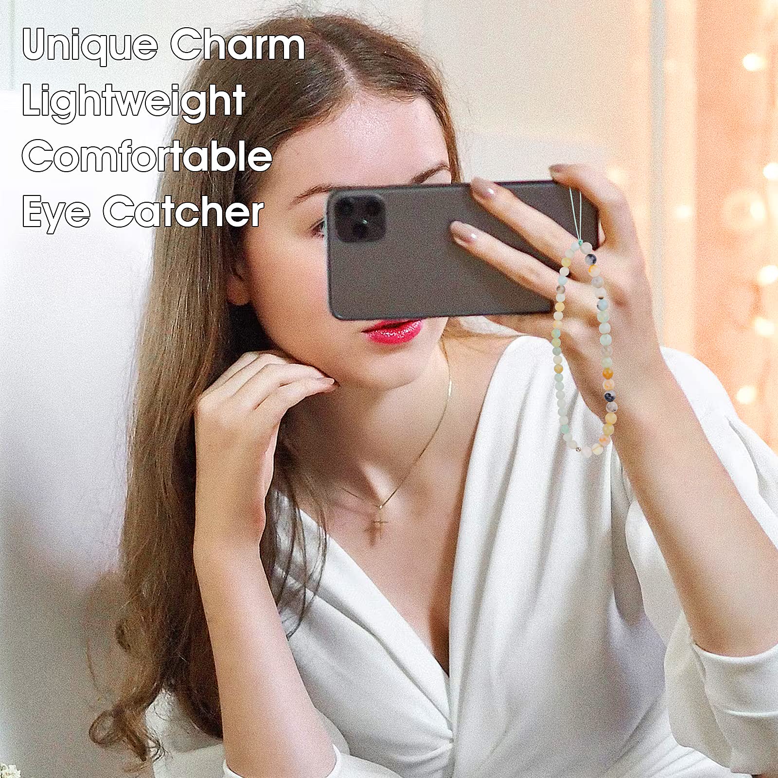 Cobee Zawieszka do telefonu z koralikami, z kółkiem na klucze, ręcznie wykonana, naturalny kamień szlachetny, zapobiegająca zgubieniu, modna smycz do telefonu, pasek na nadgarstek, brelok, 16.5cm+5cm/6.5+1.97inch