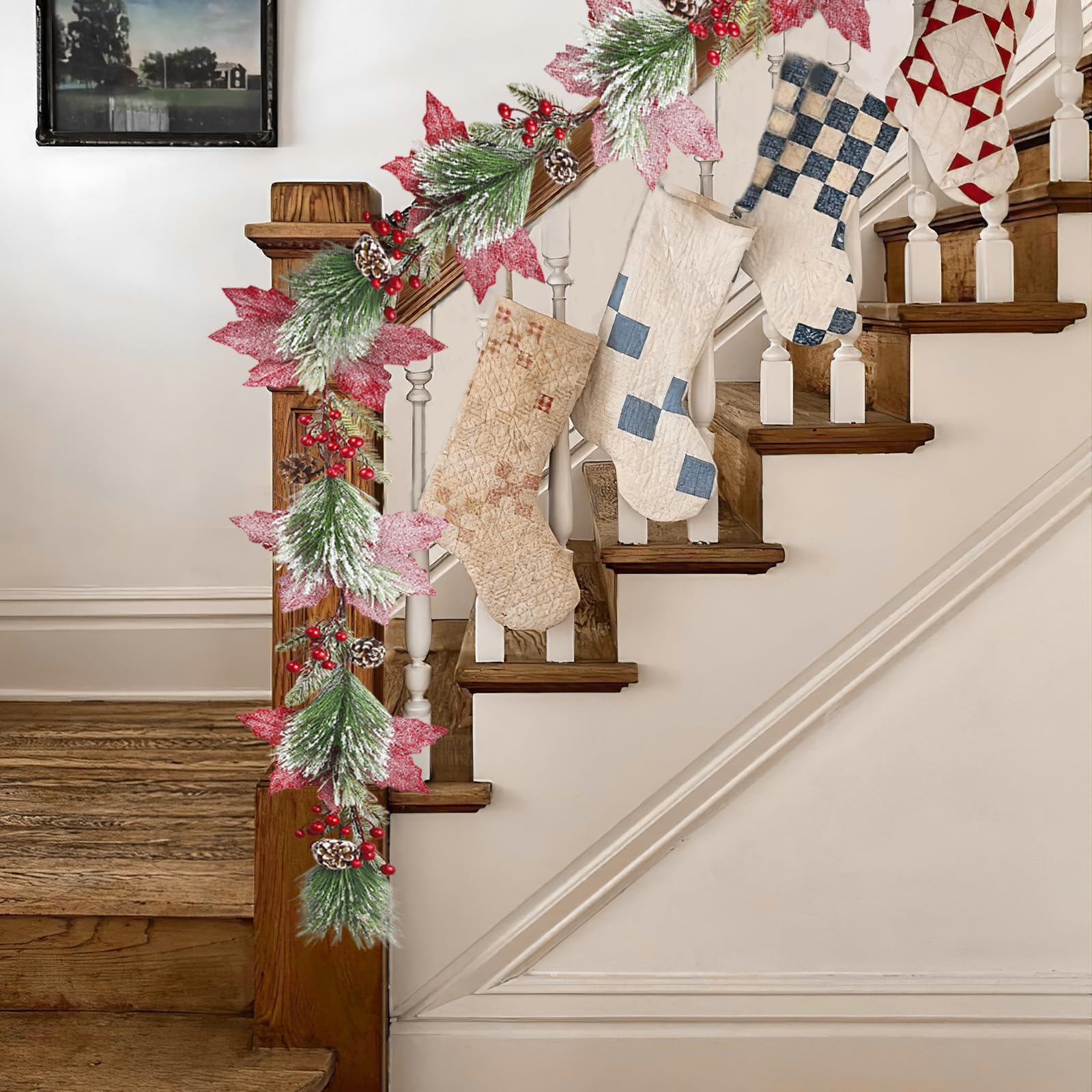 CISDUEO Guirnalda de flores de Pascua artificiales de Navidad, guirnalda de bayas artificiales rojas con piñas de pino para exteriores, interiores, chimenea, vacaciones, invierno, puerta, mesa, centro