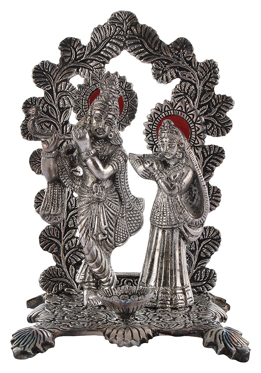Purpledip Metal Idol Radha Krishna With Oil Lamp Diya: Decorative Statue For Home Temple (10925)