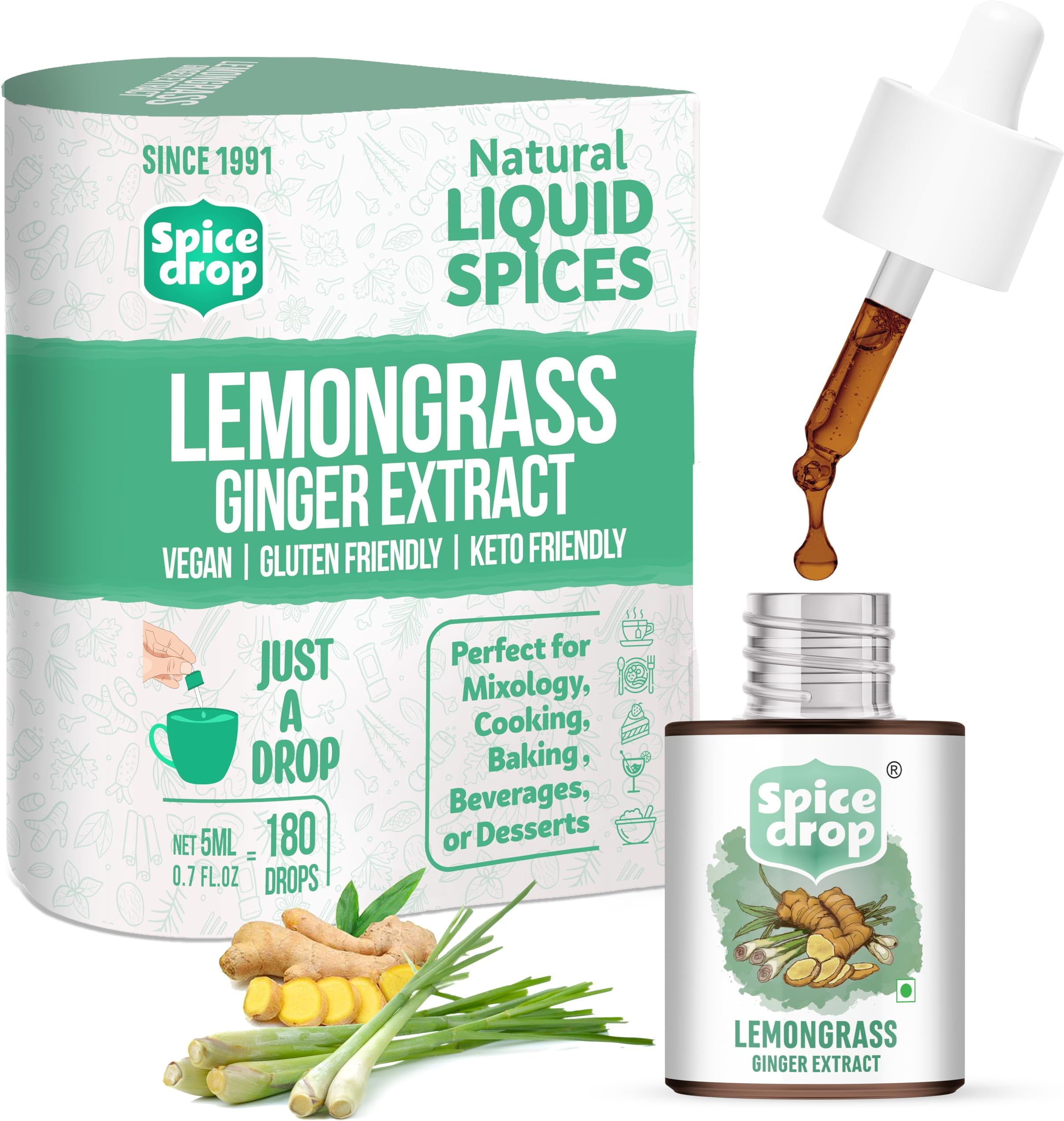 Spice Drop Lemongrass Ginger Natural Extract | Best Used For Herbal Tea, Soups, Shakes, and Beverages | No Added Preservatives | Vegan Paleo Friendly | Drop And Stir | Non-GMO | 5 ML (180 Drops)