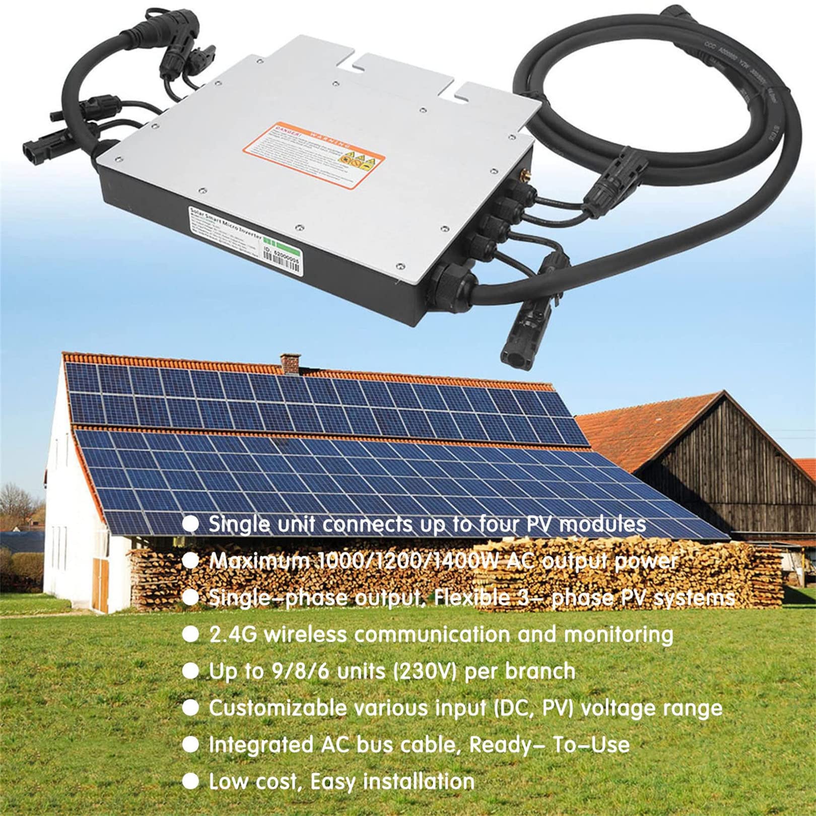 Solar Grid Tie Micro Inverter, 600 W, 700 W, 1000 W, 1200 W, 1400 W IP65 Wodoodporna kontrola WiFi Automatyczna identyfikacja Przetwornica mocy Wyjście AC 120 V / 230 V,1400W-220V